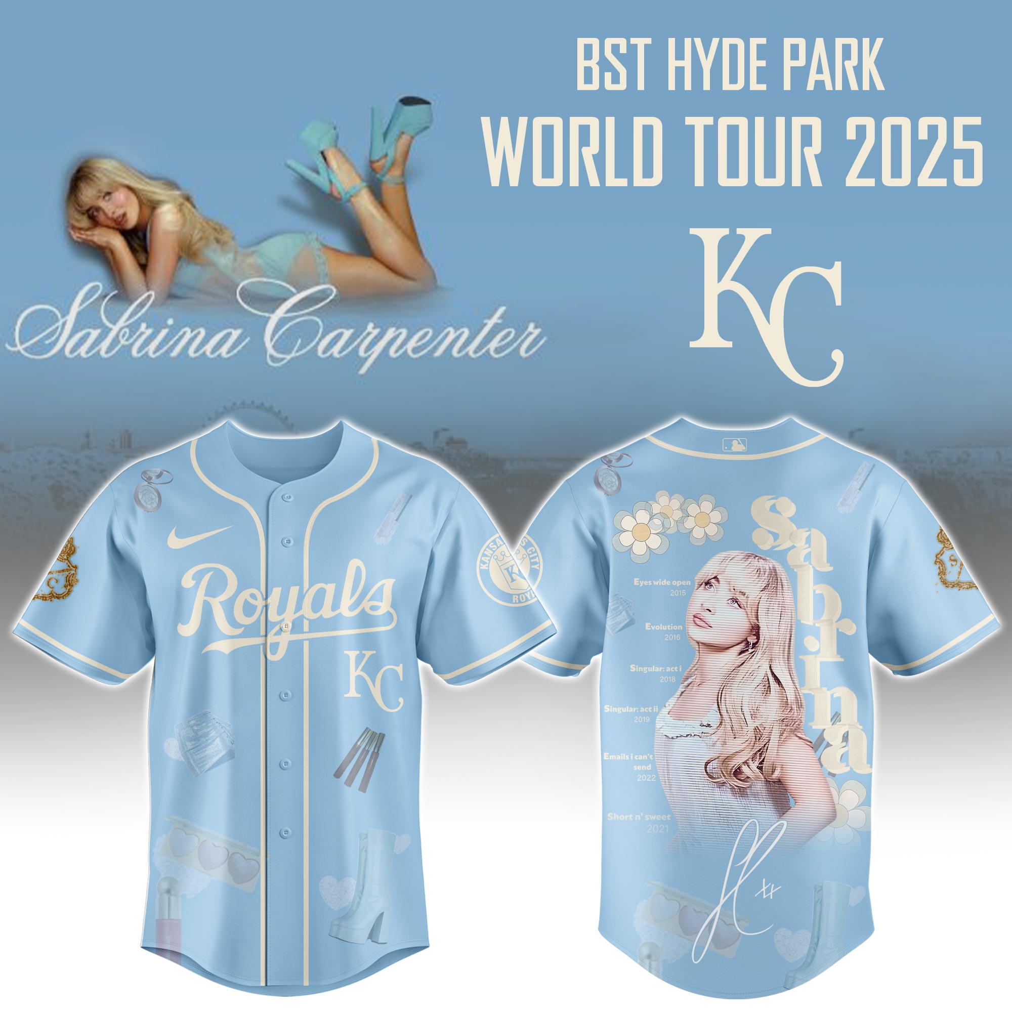 Kansas City Royals x Sabrina Carpenter Short n Sweet Tour Baseball Jersey For Sport Teams Fans