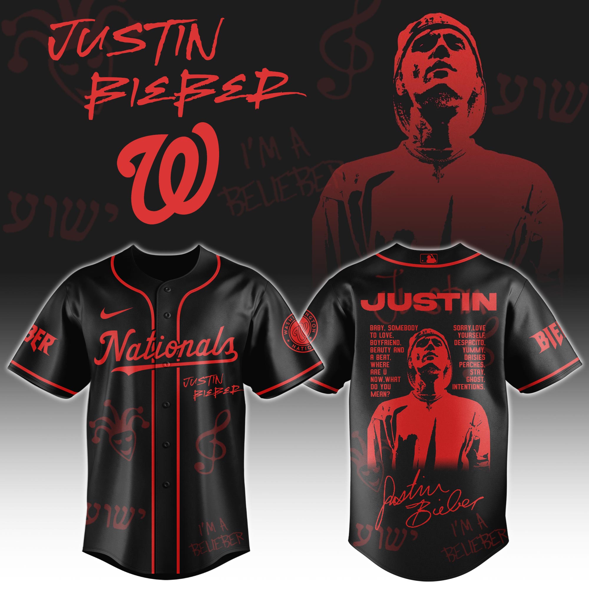 Washington Nationals x Justin Bieber Black Baseball Jersey For Sport Teams Fans