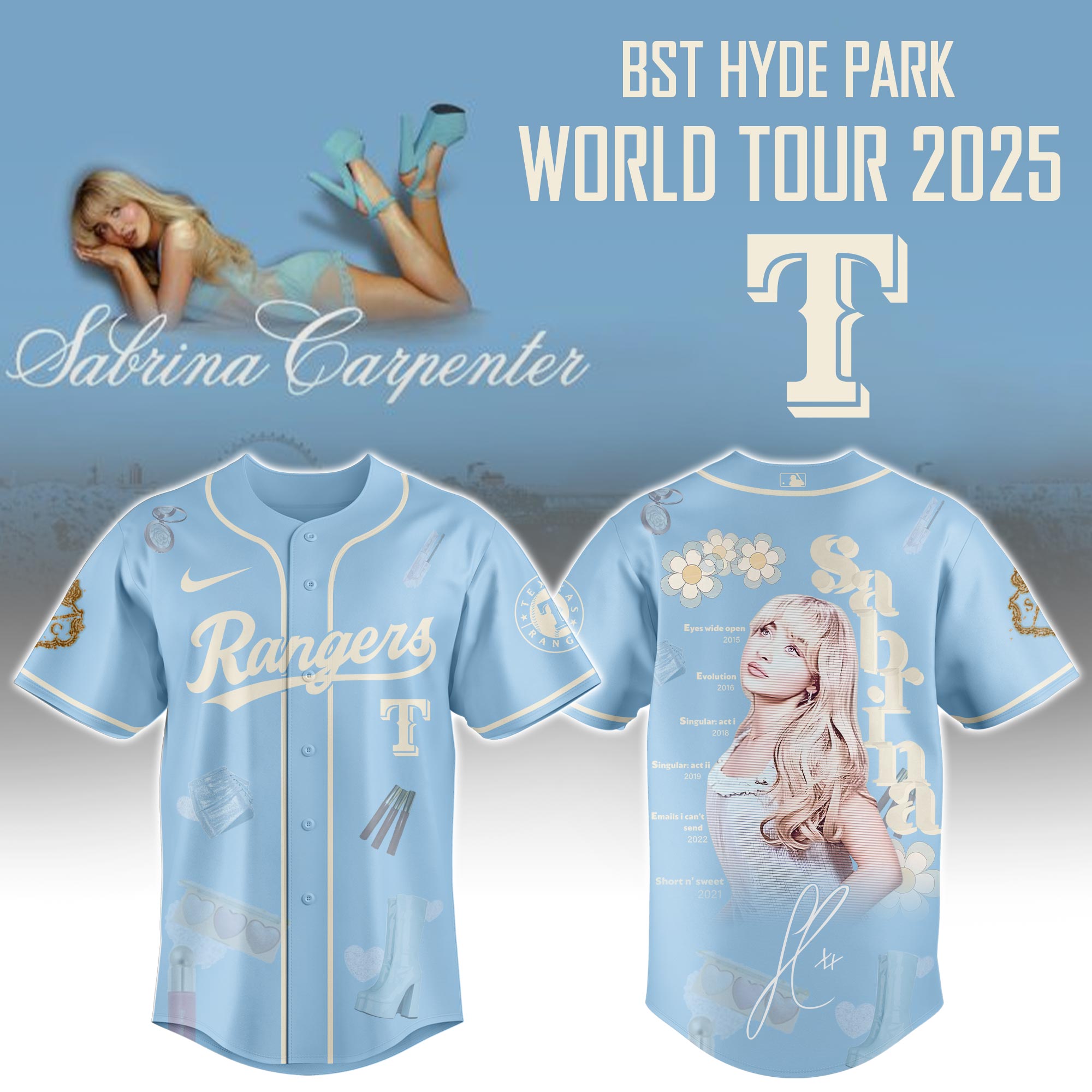 Texas Rangers x Sabrina Carpenter Short n Sweet Tour Baseball Jersey For Sport Teams Fans