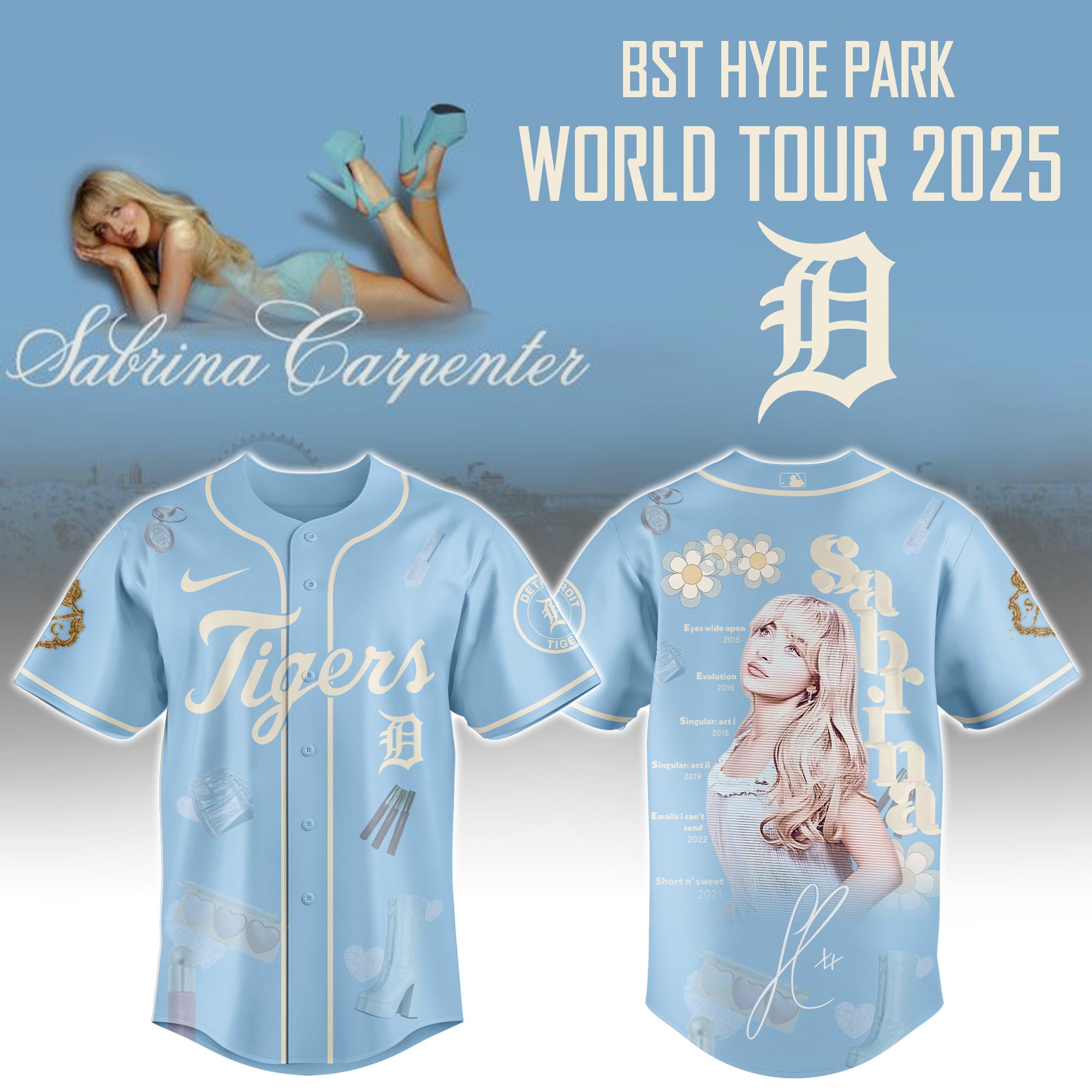 Detroit Tigers x Sabrina Carpenter Short n Sweet Tour Baseball Jersey For Sport Teams Fans
