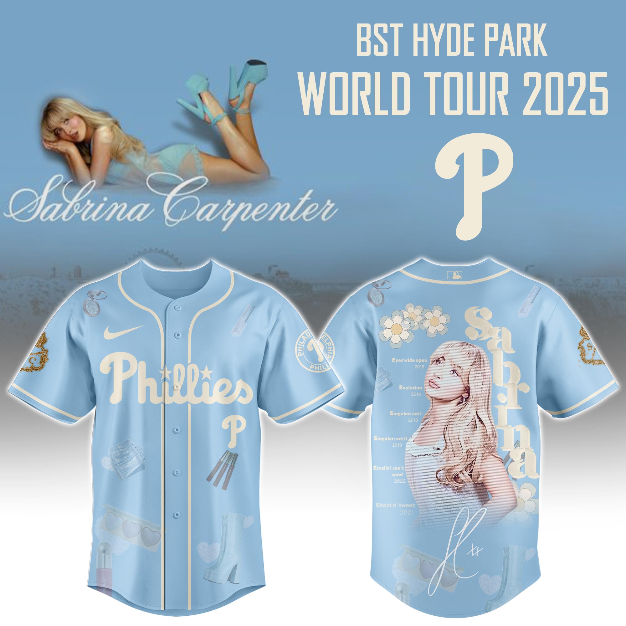 Philadelphia Phillies x Sabrina Carpenter Short n Sweet Tour Baseball Jersey For Sport Teams Fans