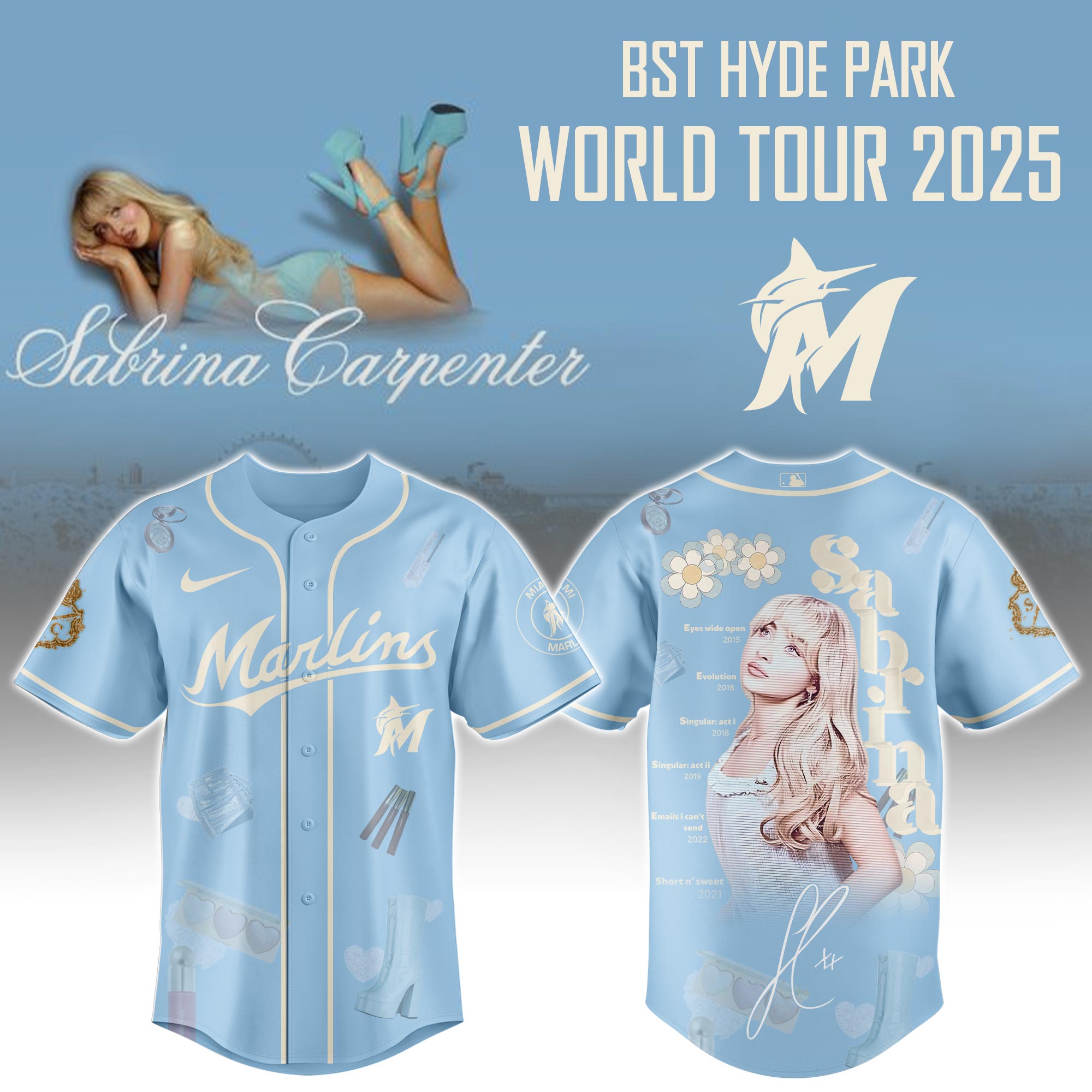 Miami Marlins x Sabrina Carpenter Short n Sweet Tour Baseball Jersey For Sport Teams Fans