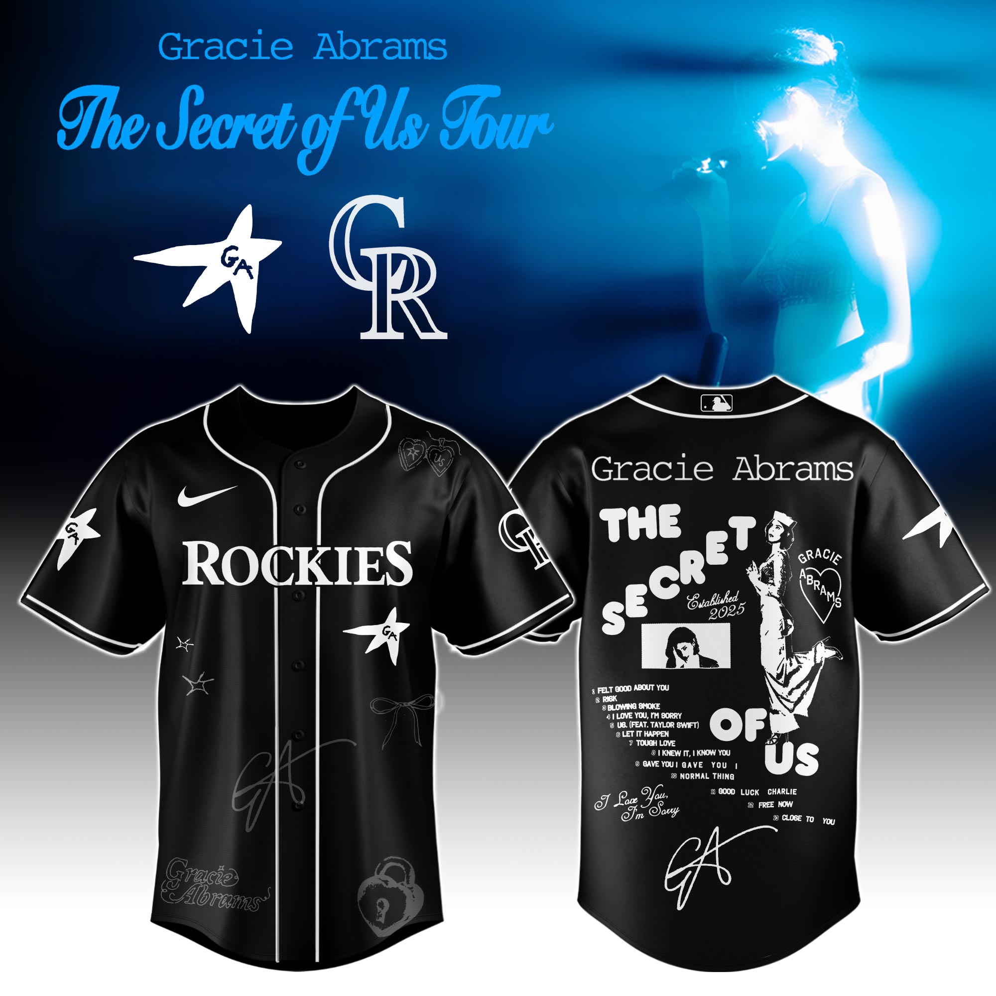 Colorado Rockies x Gracie Abrams The Secret of Us Deluxe Tour Graphic Baseball Jersey For Sport Teams Fans