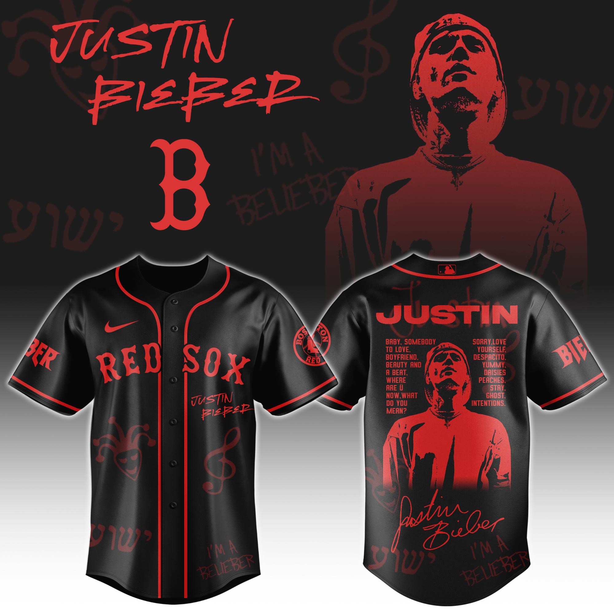 Boston Red Sox x Justin Bieber Black Baseball Jersey For Sport Teams Fans