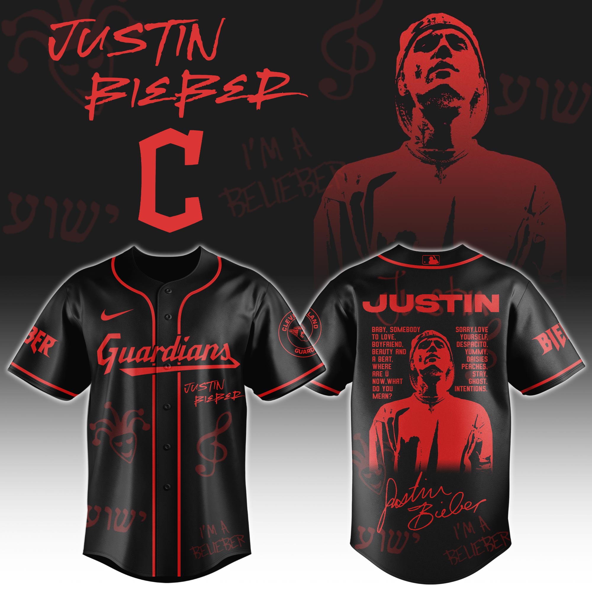 Cleveland Guardians x Justin Bieber Black Baseball Jersey For Sport Teams Fans