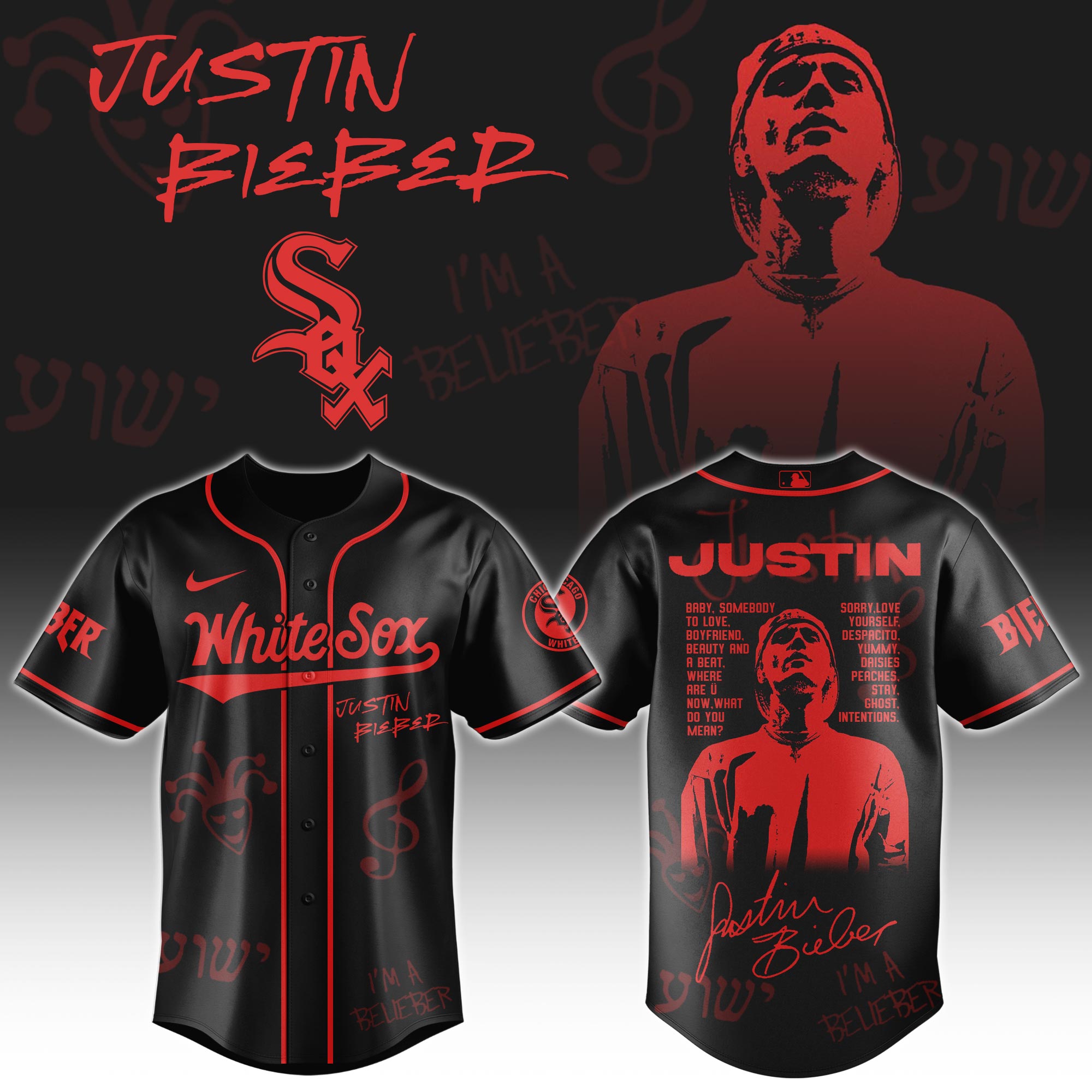 Chicago White Sox x Justin Bieber Black Baseball Jersey For Sport Teams Fans