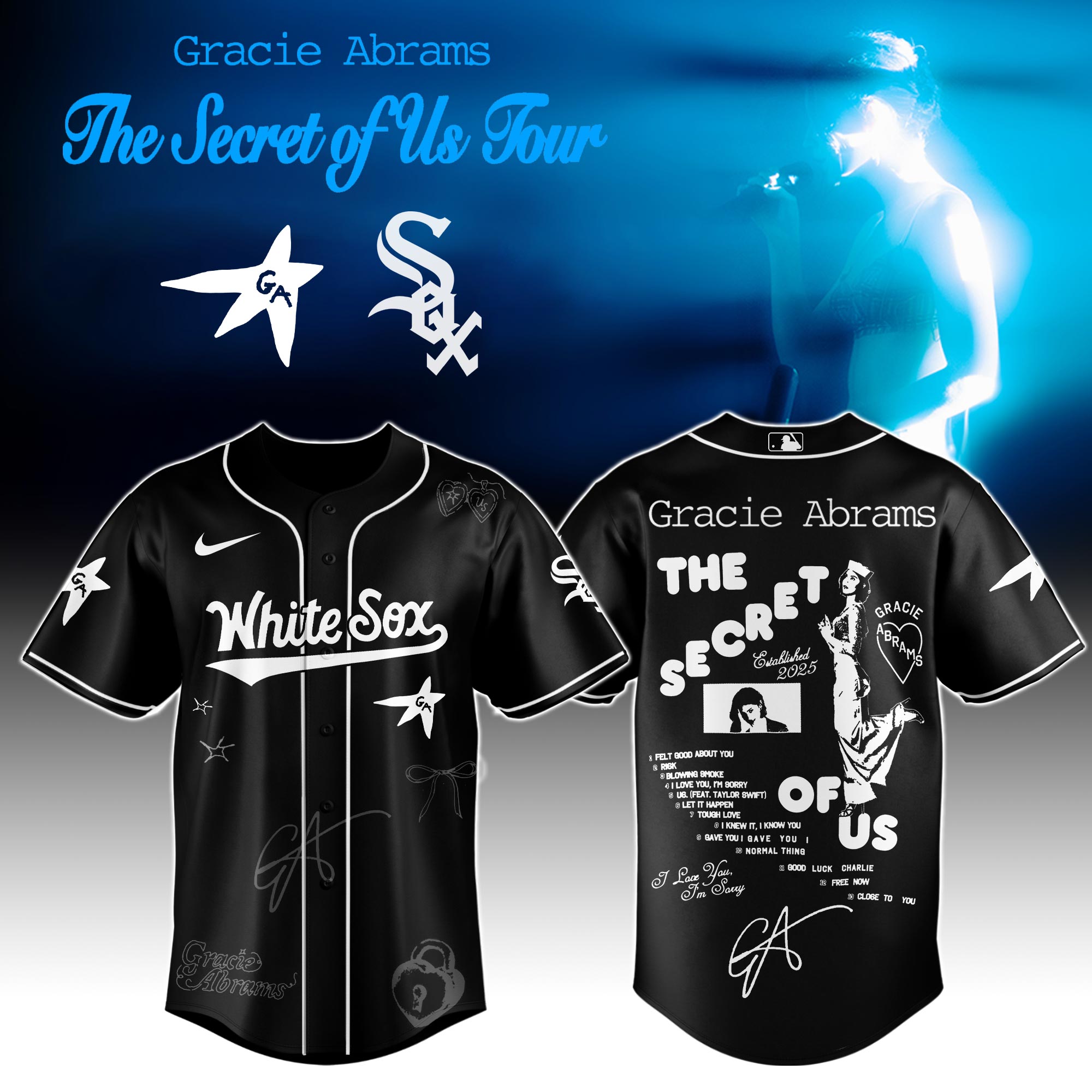 Chicago White Sox x Gracie Abrams The Secret of Us Deluxe Tour Graphic Baseball Jersey For Sport Teams Fans