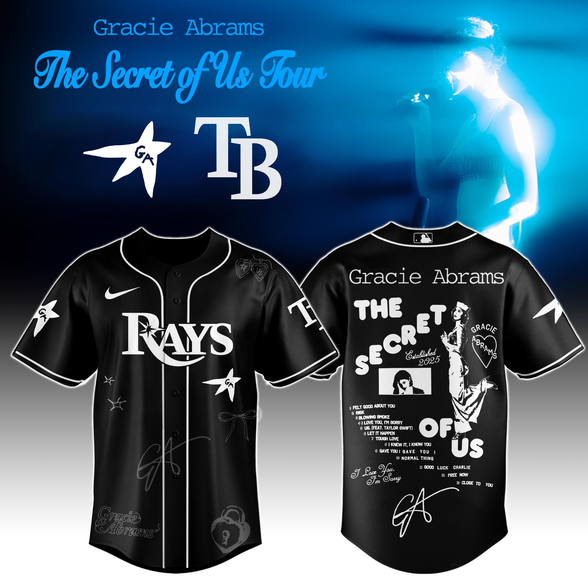 Tampa Bay Rays x Gracie Abrams The Secret of Us Deluxe Tour Graphic Baseball Jersey For Sport Teams Fans