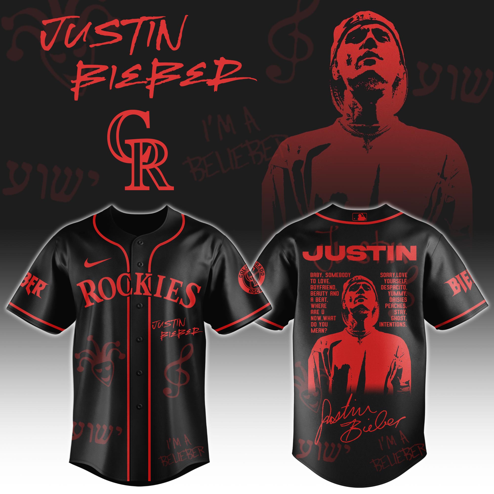 Colorado Rockies x Justin Bieber Black Baseball Jersey For Sport Teams Fans