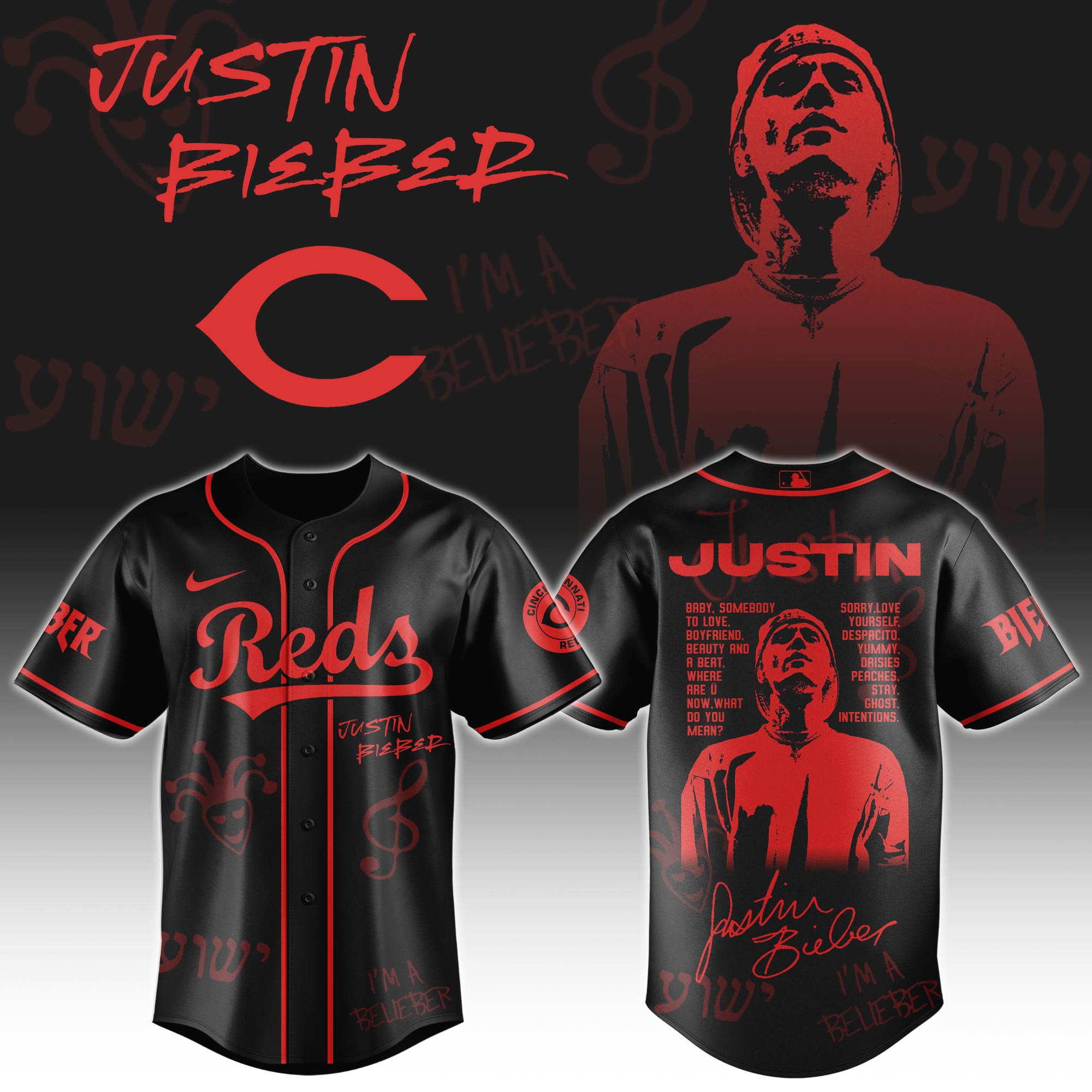 Cincinnati Reds x Justin Bieber Black Baseball Jersey For Sport Teams Fans