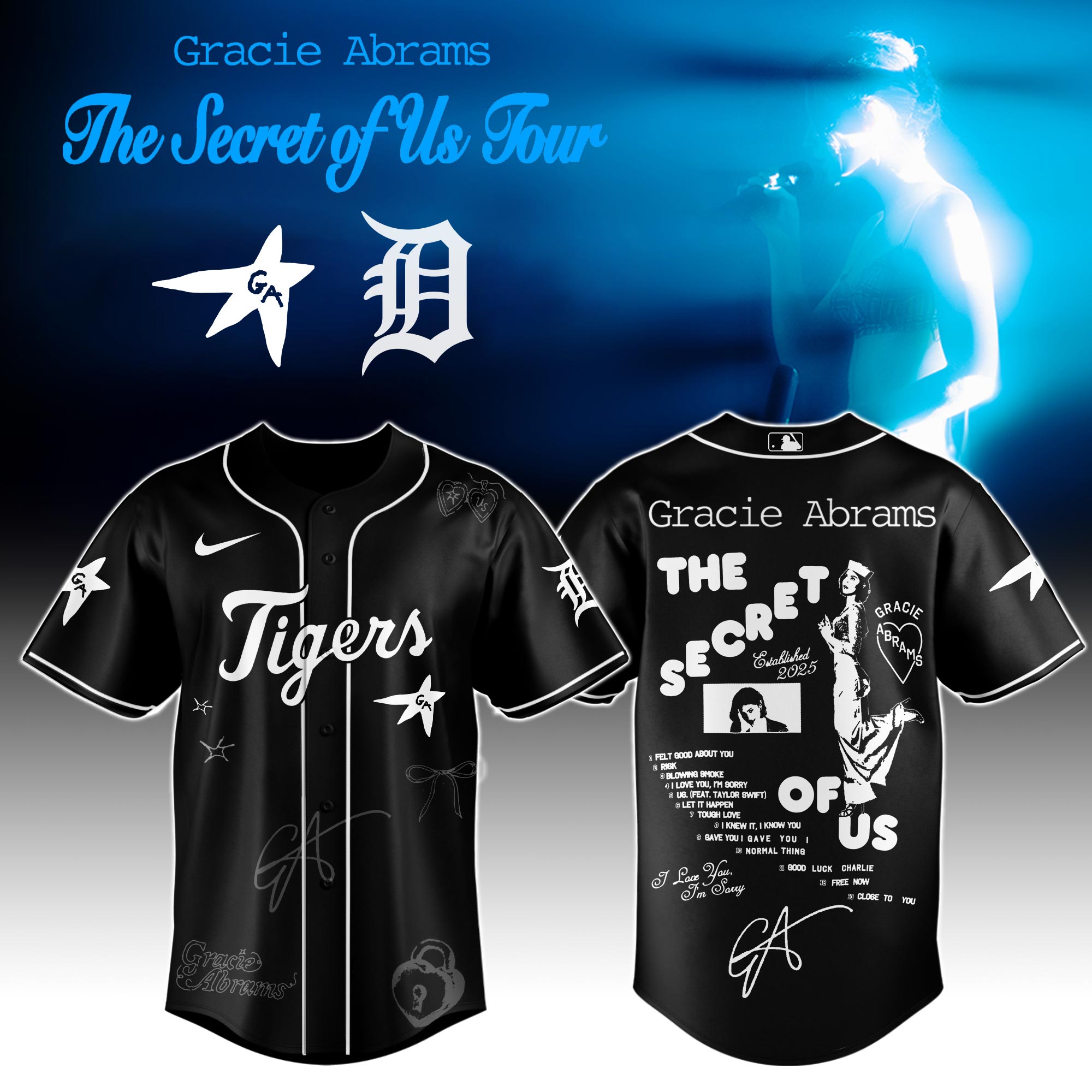 Detroit Tigers x Gracie Abrams The Secret of Us Deluxe Tour Graphic Baseball Jersey For Sport Teams Fans