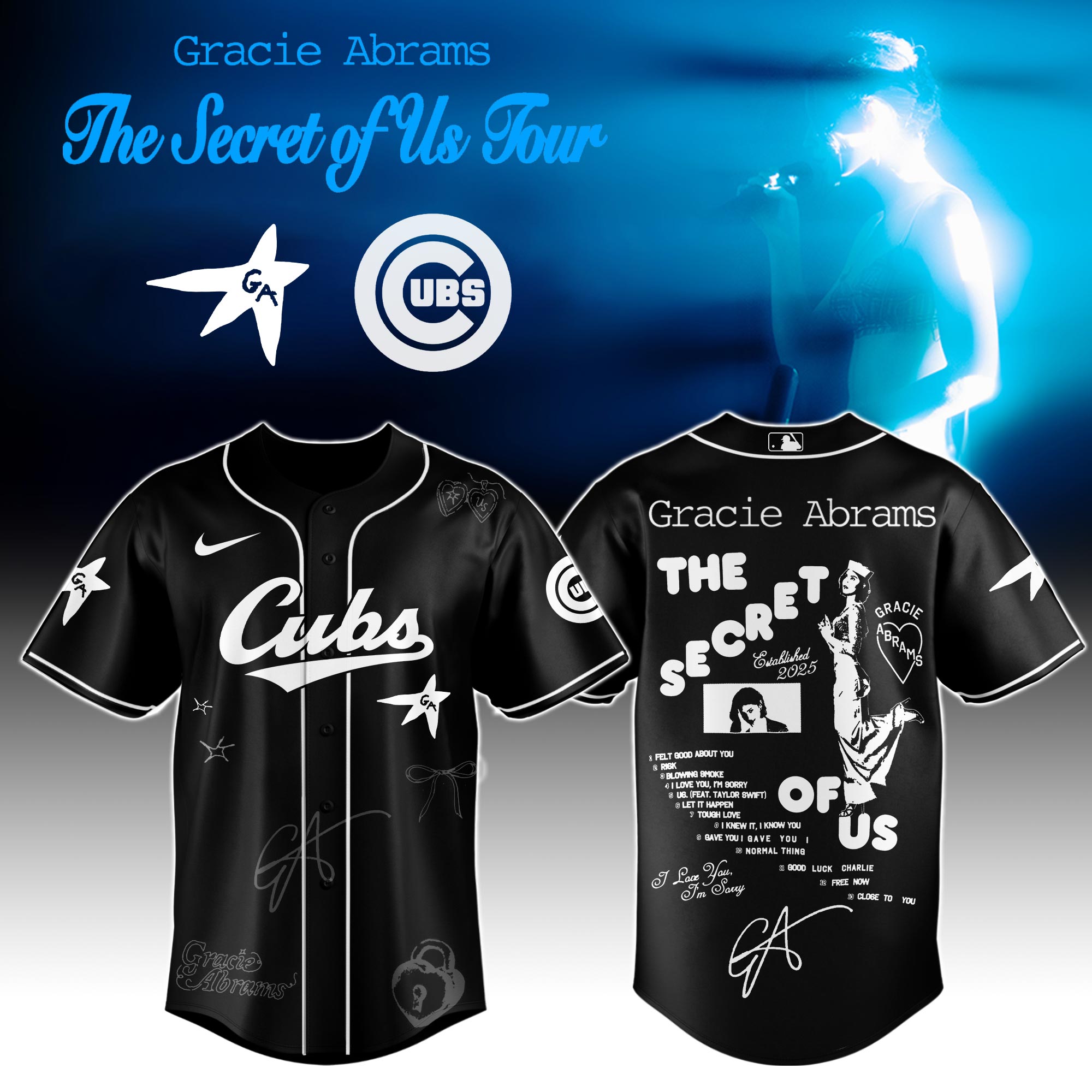 Chicago Cubs x Gracie Abrams The Secret of Us Deluxe Tour Graphic Baseball Jersey For Sport Teams Fans