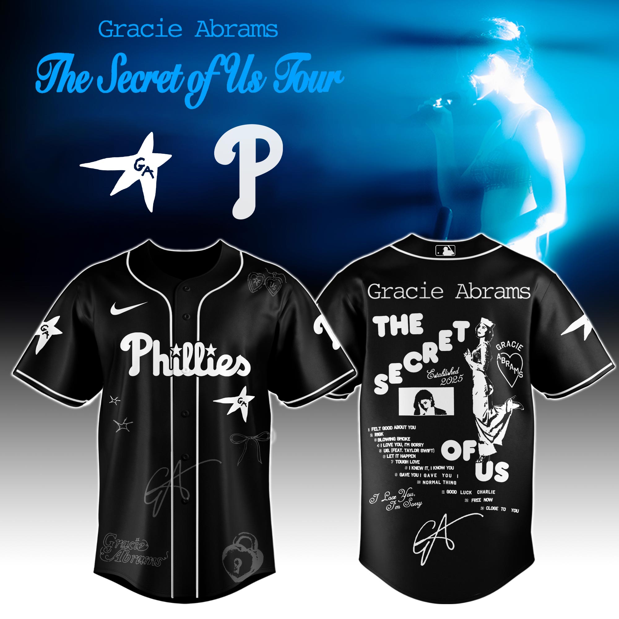 Philadelphia Phillies x Gracie Abrams The Secret of Us Deluxe Tour Graphic Baseball Jersey For Sport Teams Fans