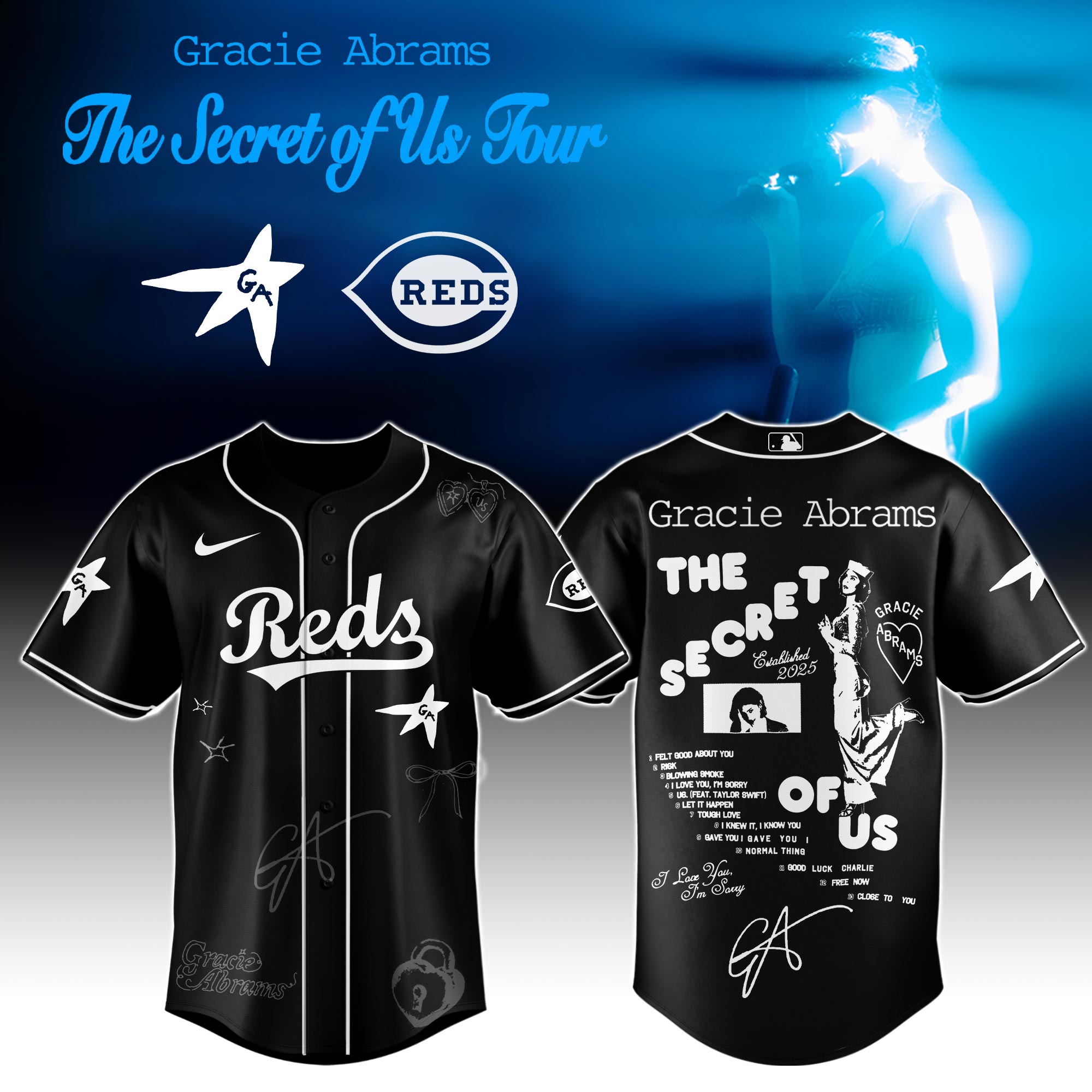 Cincinnati Reds x Gracie Abrams The Secret of Us Deluxe Tour Graphic Baseball Jersey For Sport Teams Fans