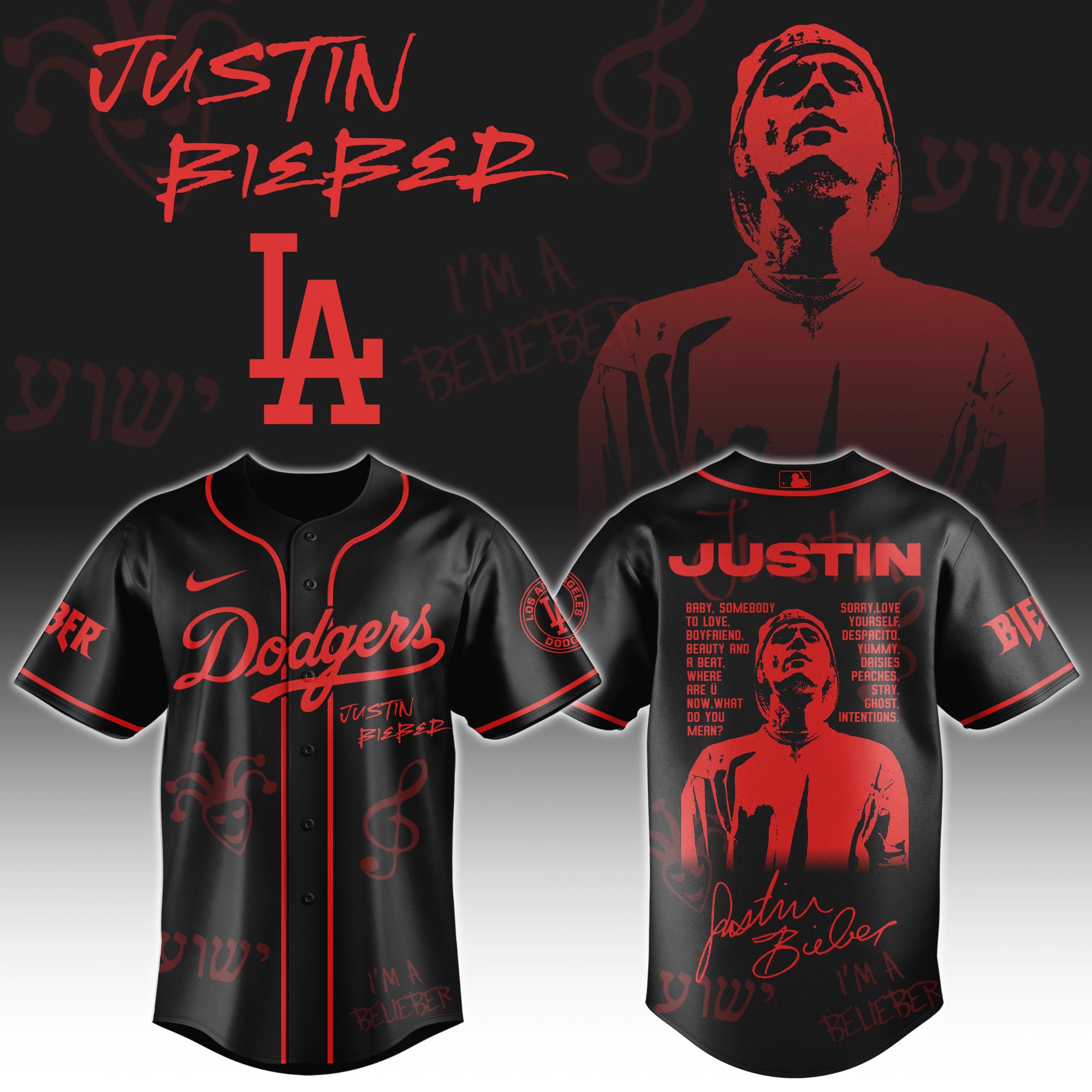 Los Angeles Dodgers x Justin Bieber Black Baseball Jersey For Sport Teams Fans