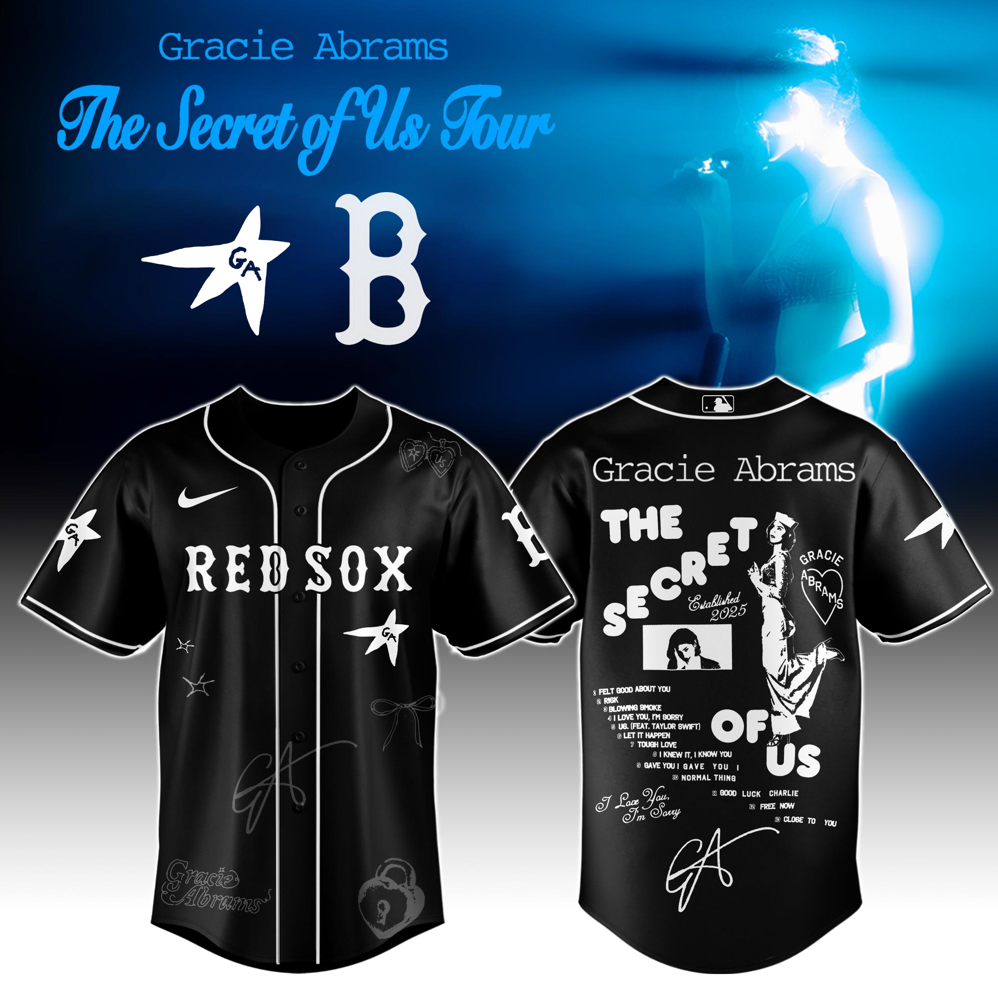 Boston Red Sox x Gracie Abrams The Secret of Us Deluxe Tour Graphic Baseball Jersey For Sport Teams Fans