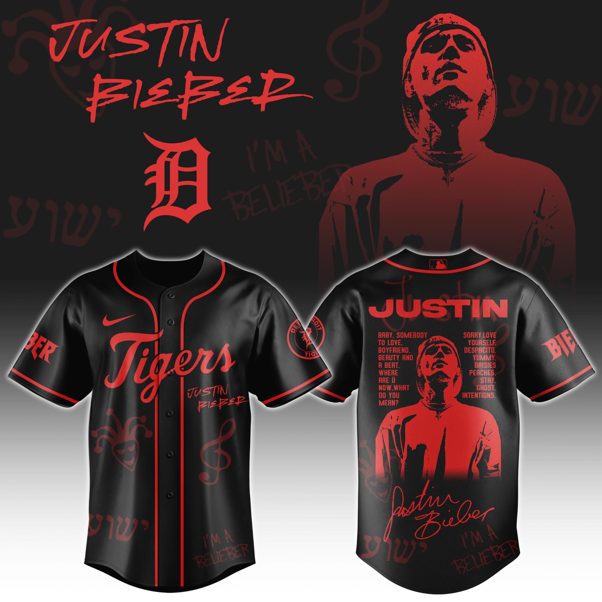 Detroit Tigers x Justin Bieber Black Baseball Jersey For Sport Teams Fans