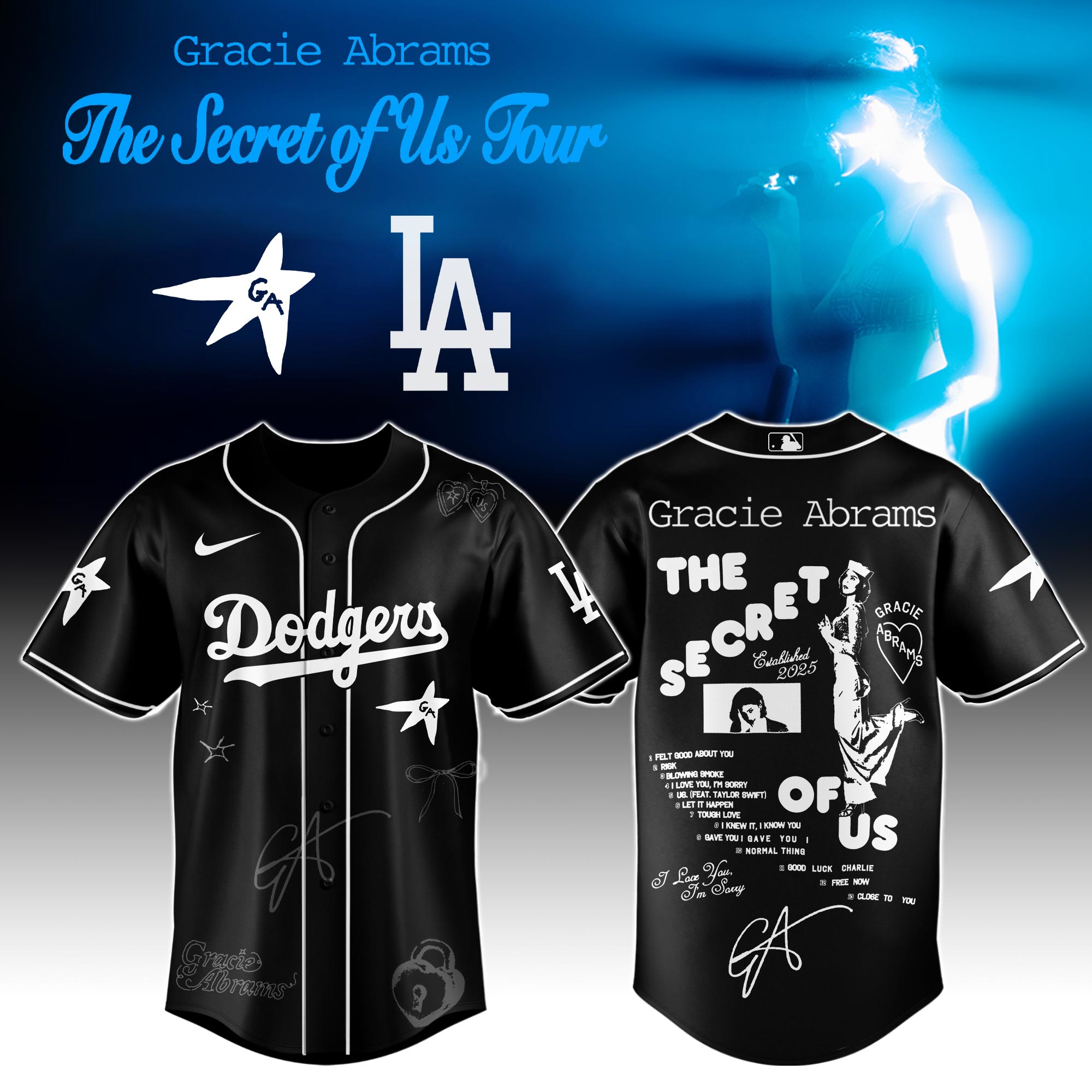 Los Angeles Dodgers x Gracie Abrams The Secret of Us Deluxe Tour Graphic Baseball Jersey For Sport Teams Fans