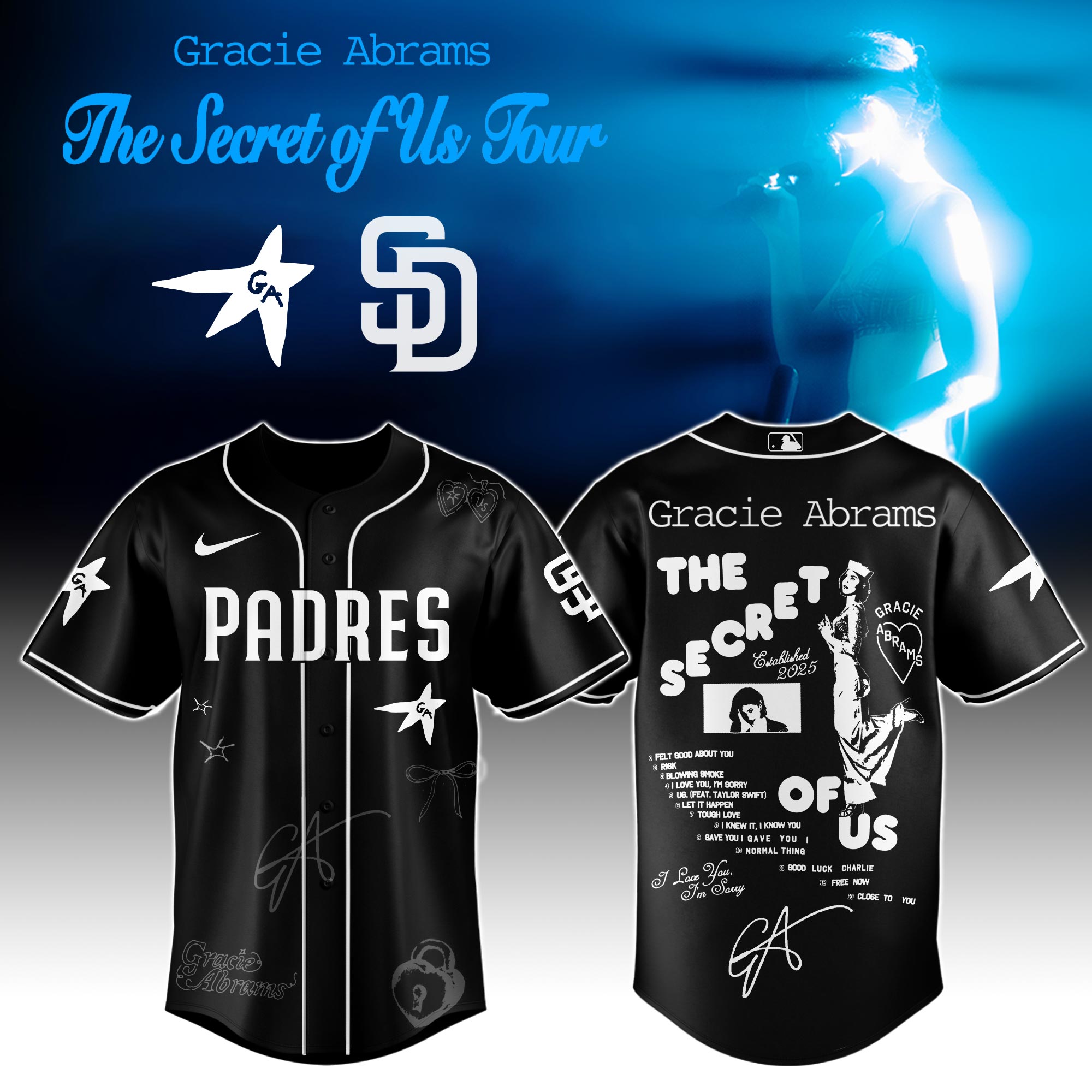 San Diego Padres x Gracie Abrams The Secret of Us Deluxe Tour Graphic Baseball Jersey For Sport Teams Fans