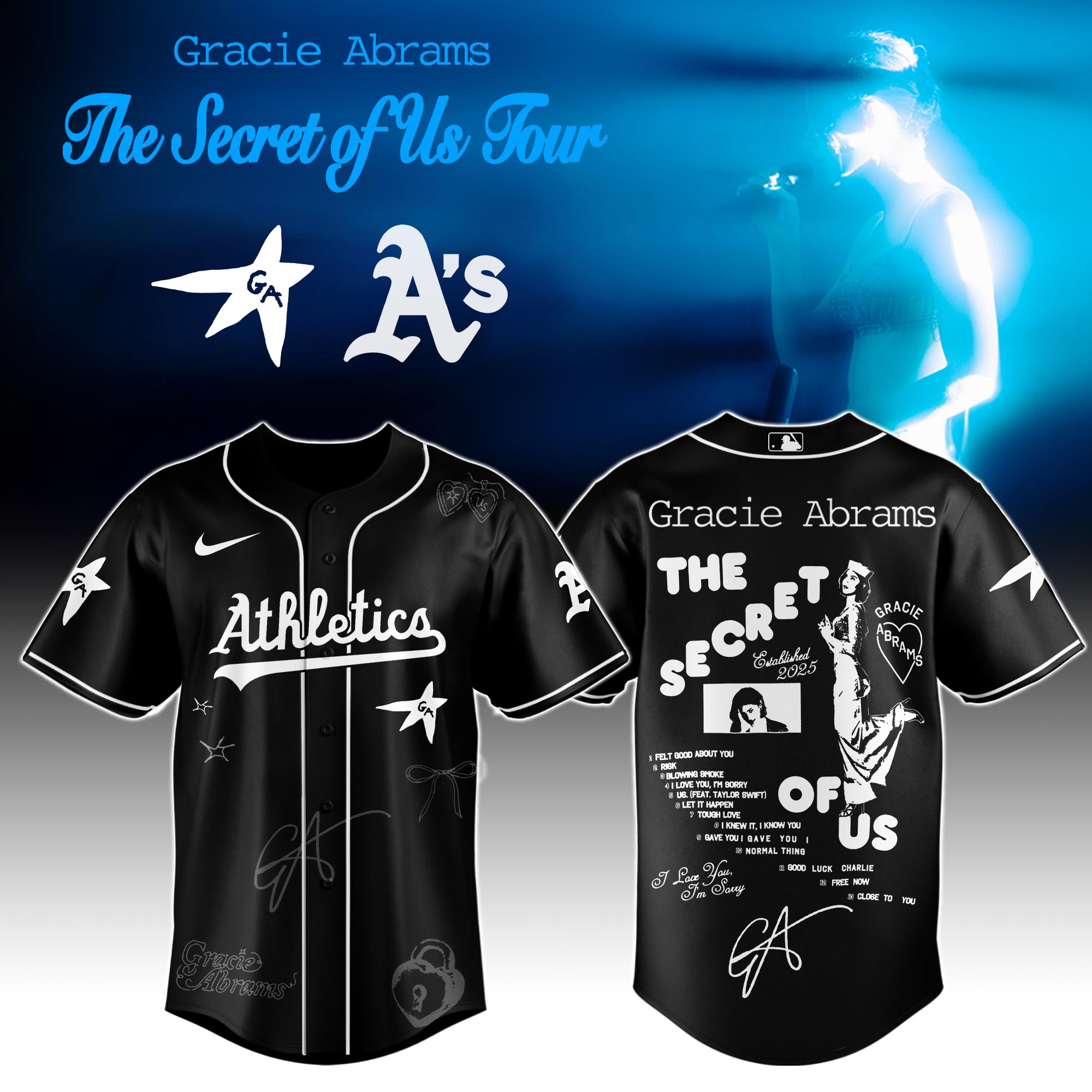 Oakland Athletics x Gracie Abrams The Secret of Us Deluxe Tour Graphic Baseball Jersey For Sport Teams Fans