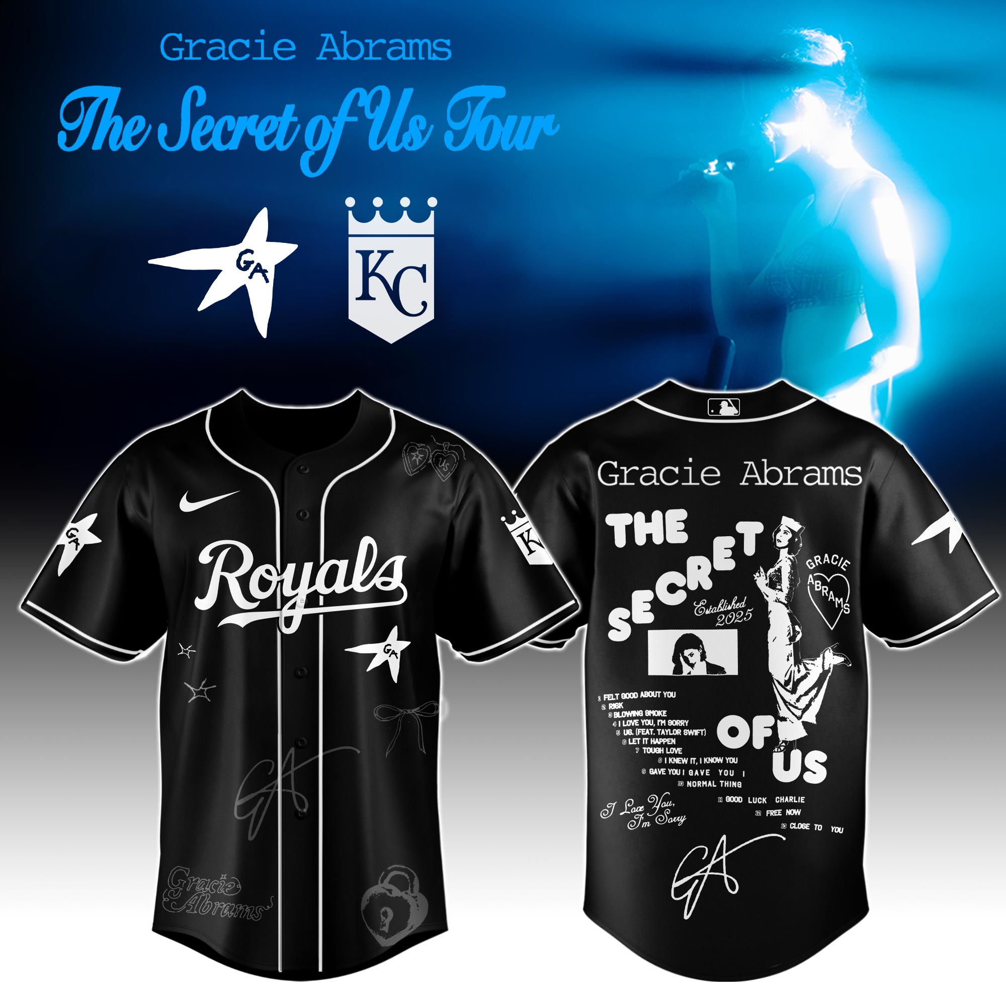 Kansas City Royals x Gracie Abrams The Secret of Us Deluxe Tour Graphic Baseball Jersey For Sport Teams Fans