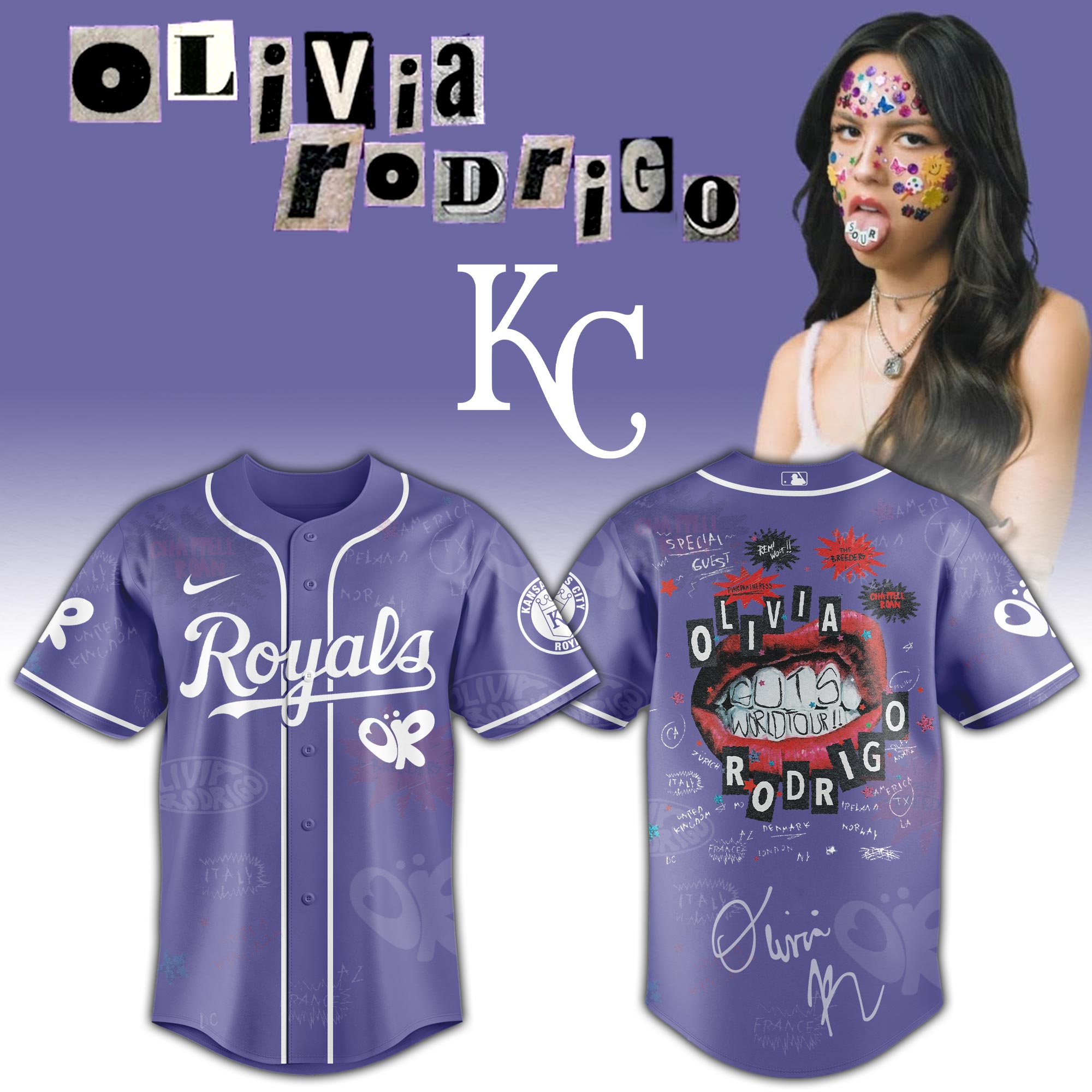 Kansas City Royals x Olivia Rodrigo GUTS World Tour Baseball Jersey For Sport Teams Fans