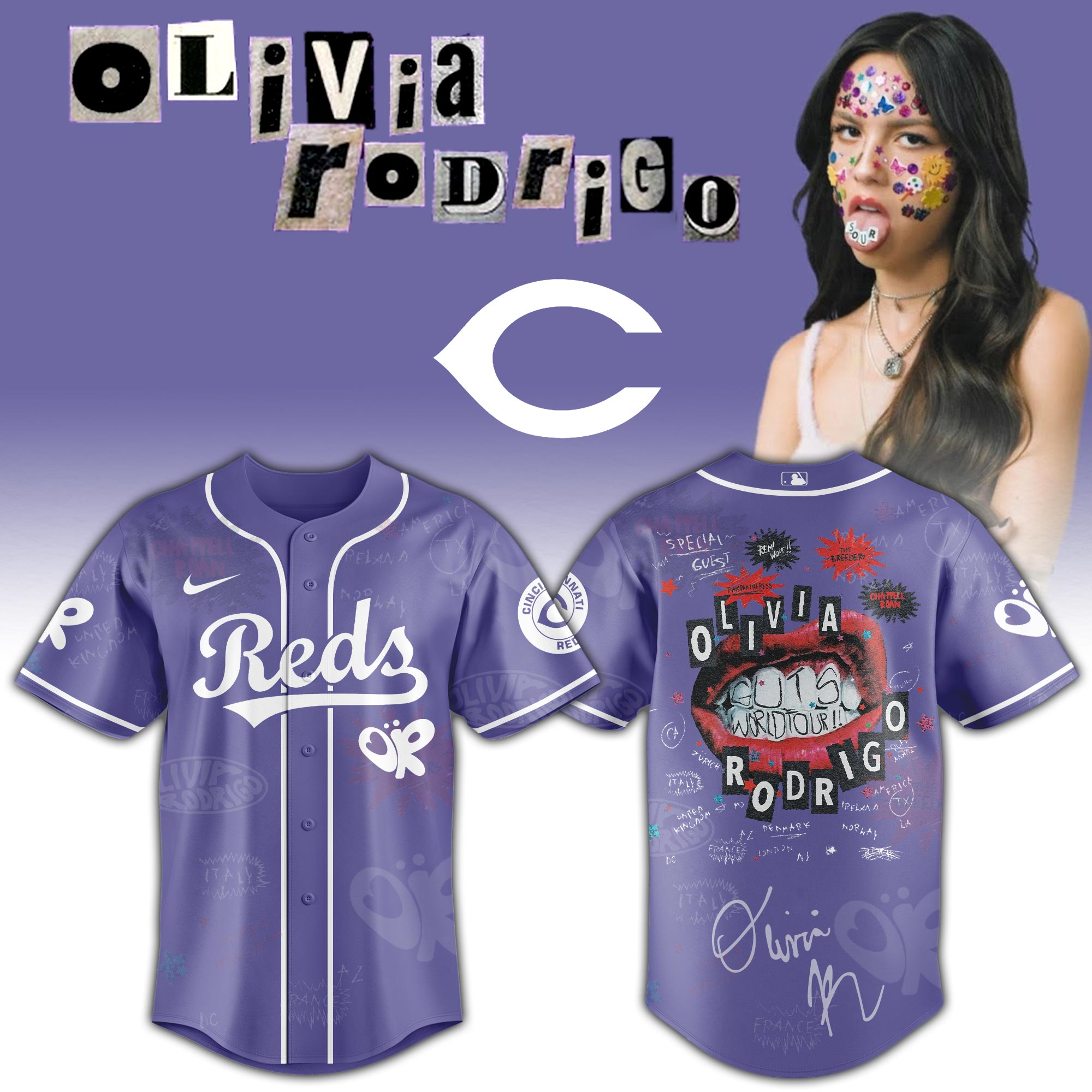 Cincinnati Reds x Olivia Rodrigo GUTS World Tour Baseball Jersey For Sport Teams Fans