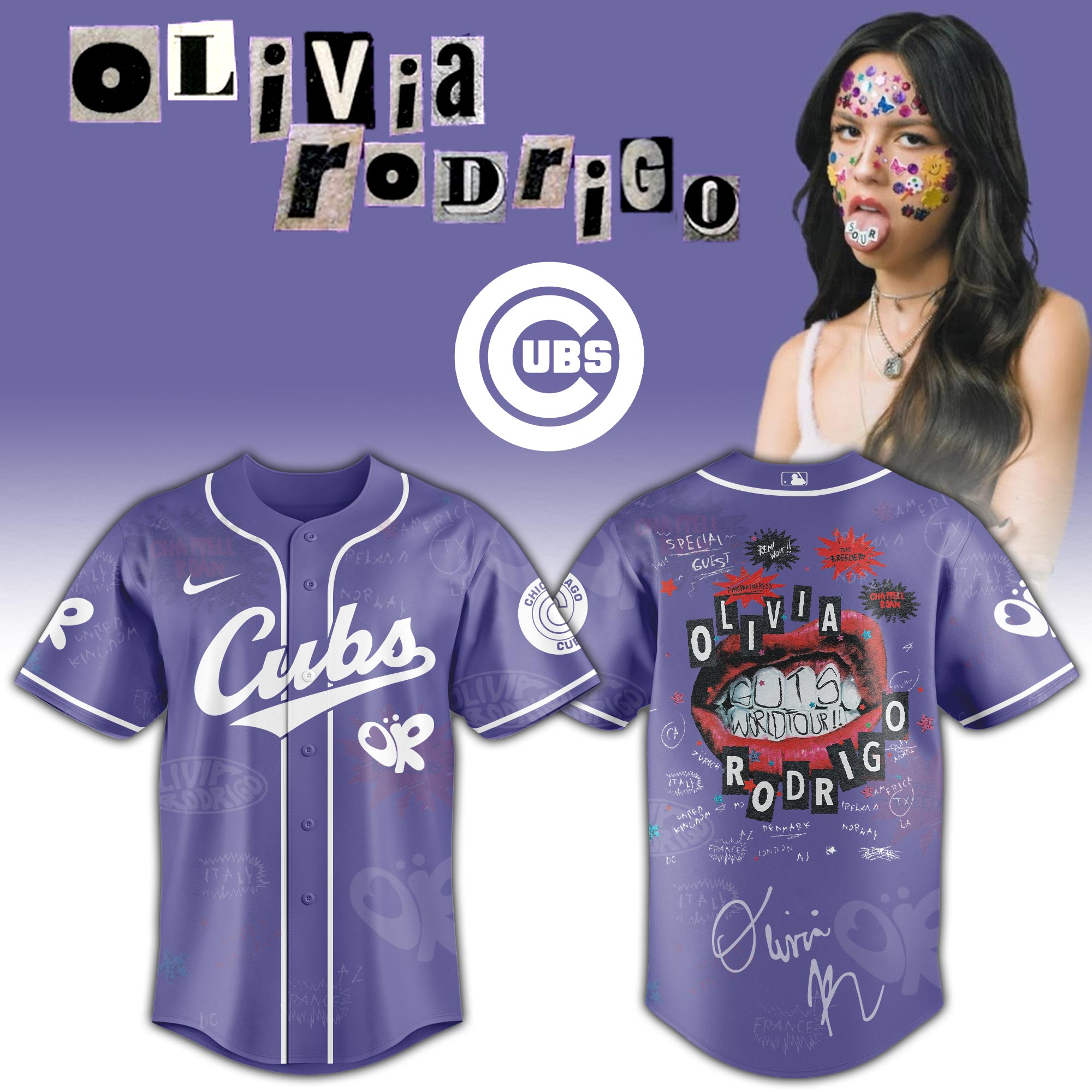 Chicago Cubs x Olivia Rodrigo GUTS World Tour Baseball Jersey For Sport Teams Fans