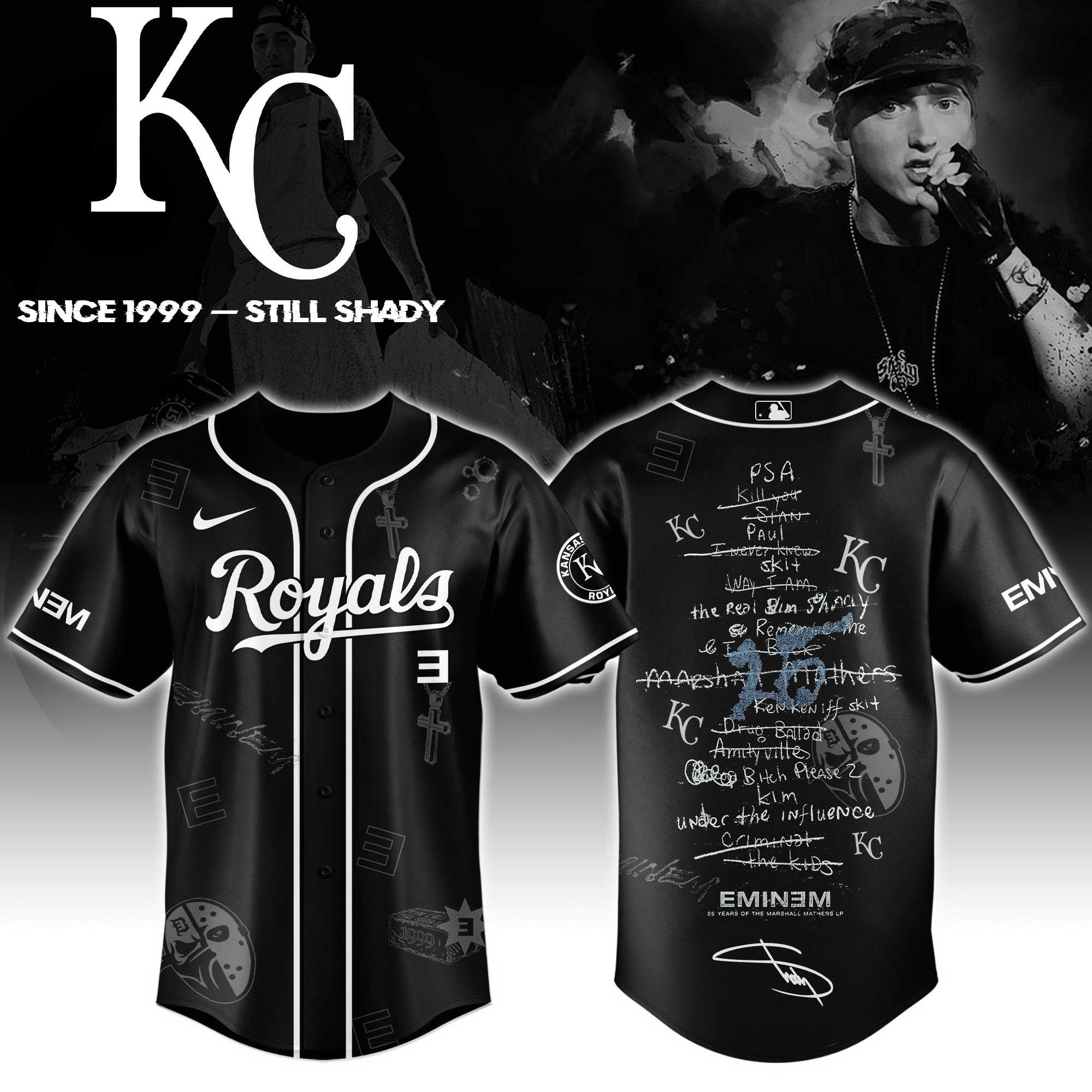 Kansas City Royals x Eminem 25th The Slim Shady LP List Music Baseball Jersey For Sport Teams Fans
