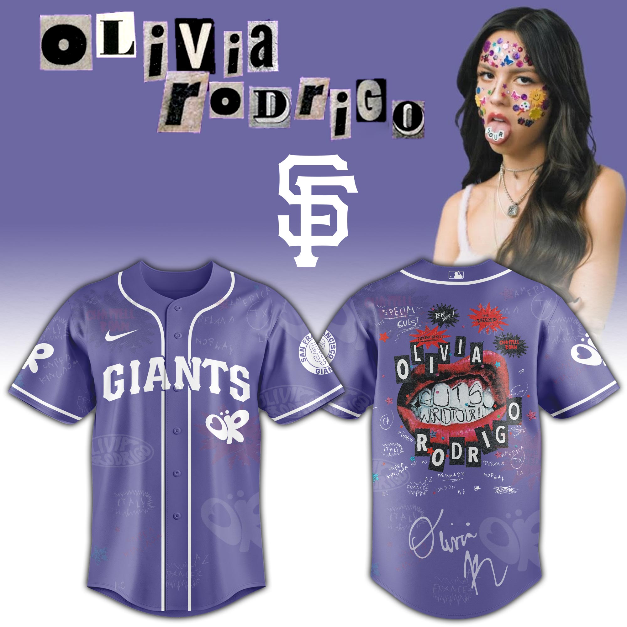San Francisco Giants x Olivia Rodrigo GUTS World Tour Baseball Jersey For Sport Teams Fans