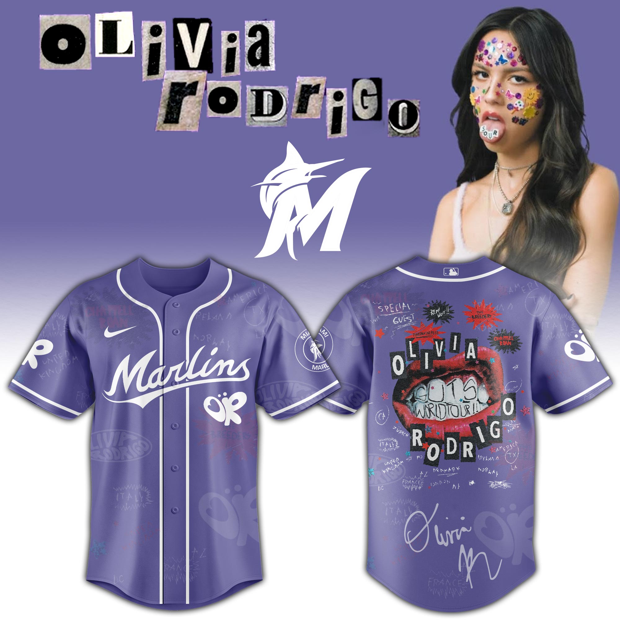 Miami Marlins x Olivia Rodrigo GUTS World Tour Baseball Jersey For Sport Teams Fans