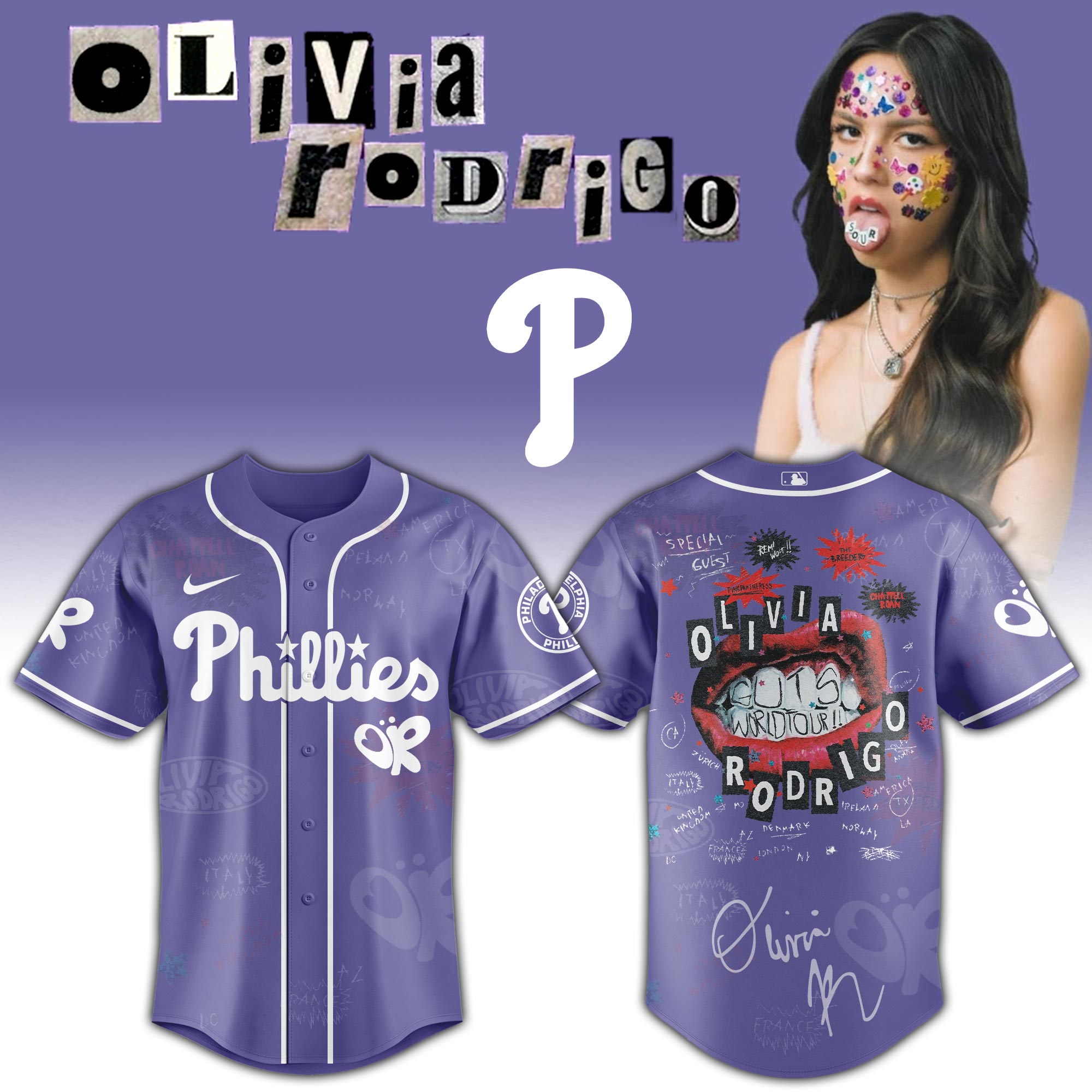 Philadelphia Phillies x Olivia Rodrigo GUTS World Tour Baseball Jersey For Sport Teams Fans