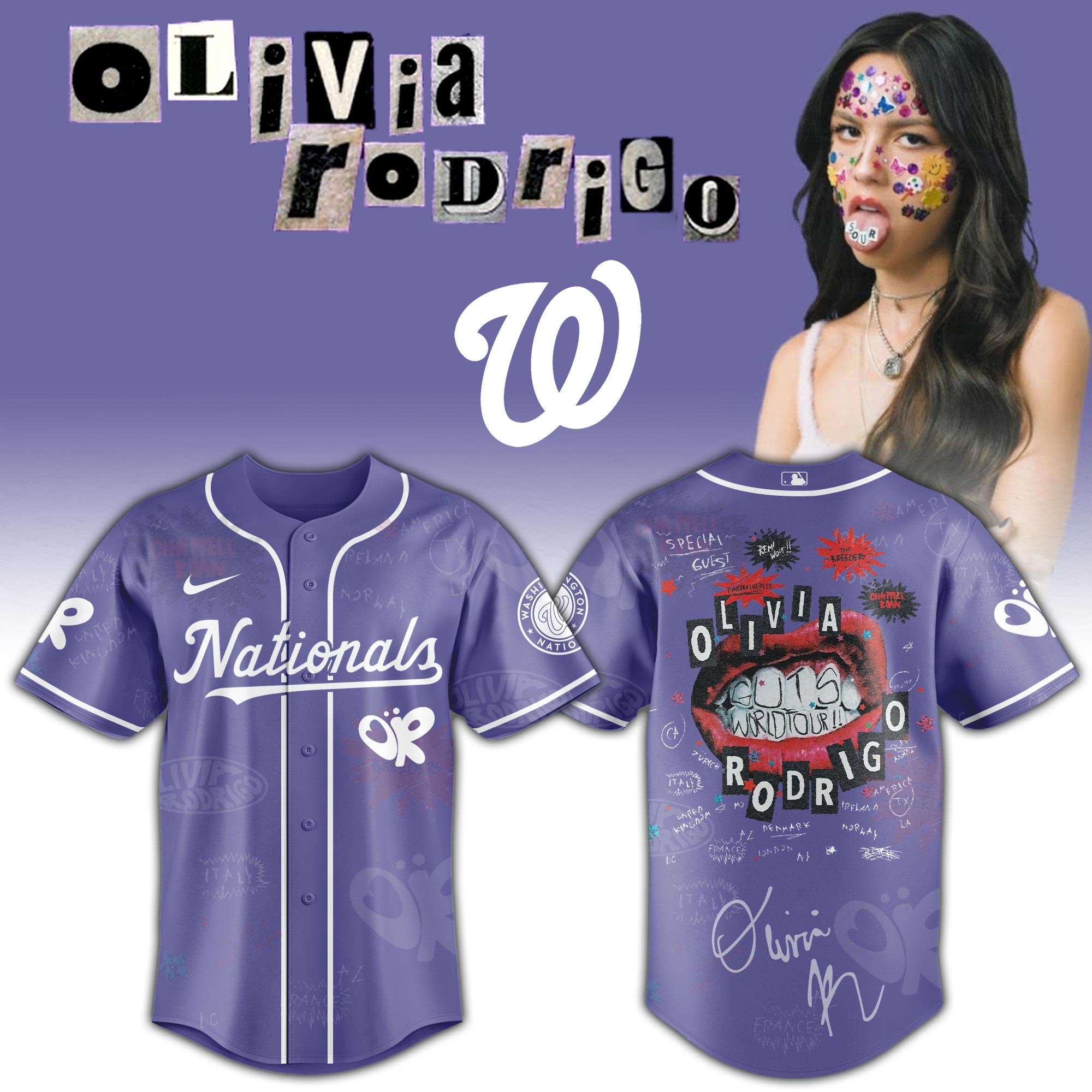 Washington Nationals x Olivia Rodrigo GUTS World Tour Baseball Jersey For Sport Teams Fans