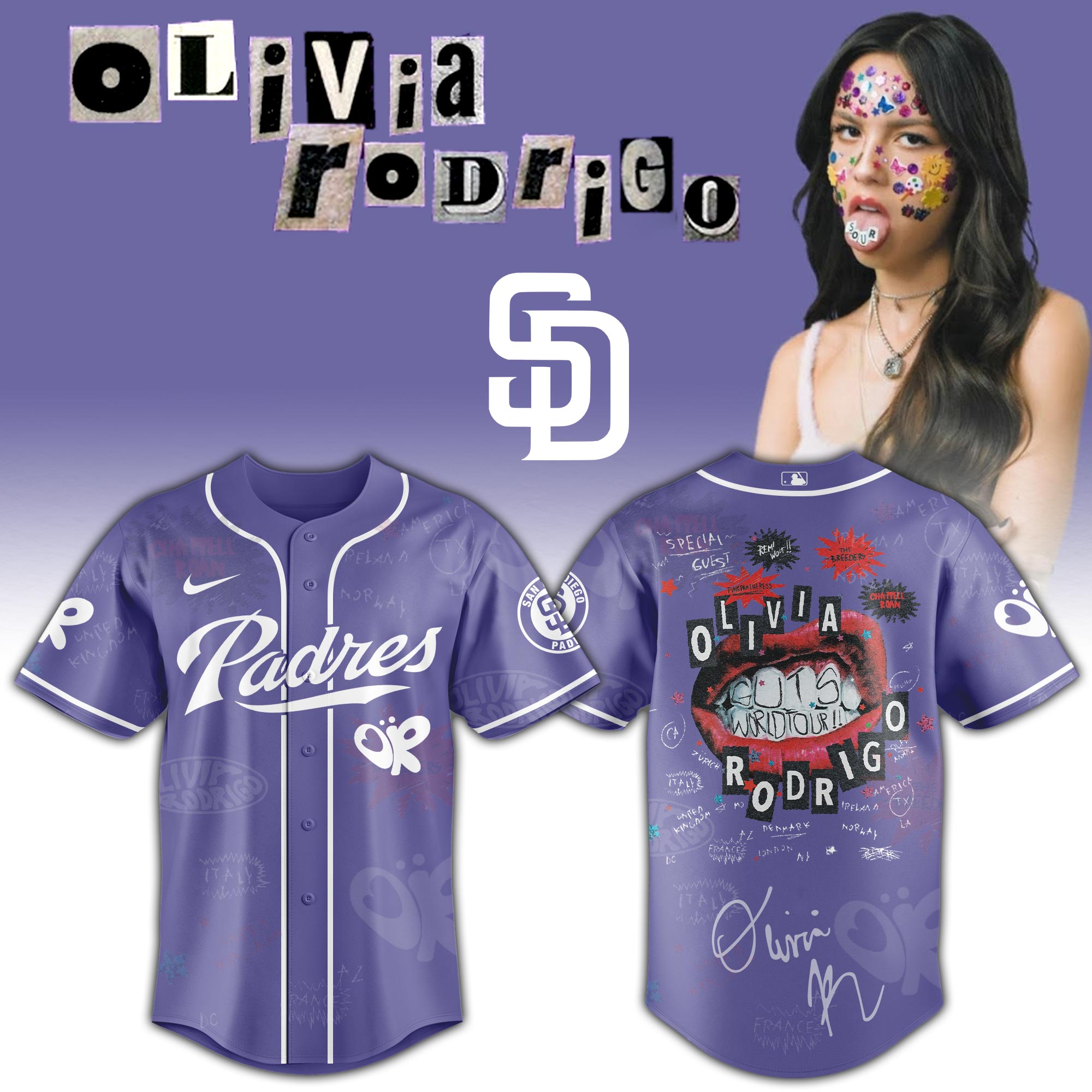San Diego Padres x Olivia Rodrigo GUTS World Tour Baseball Jersey For Sport Teams Fans