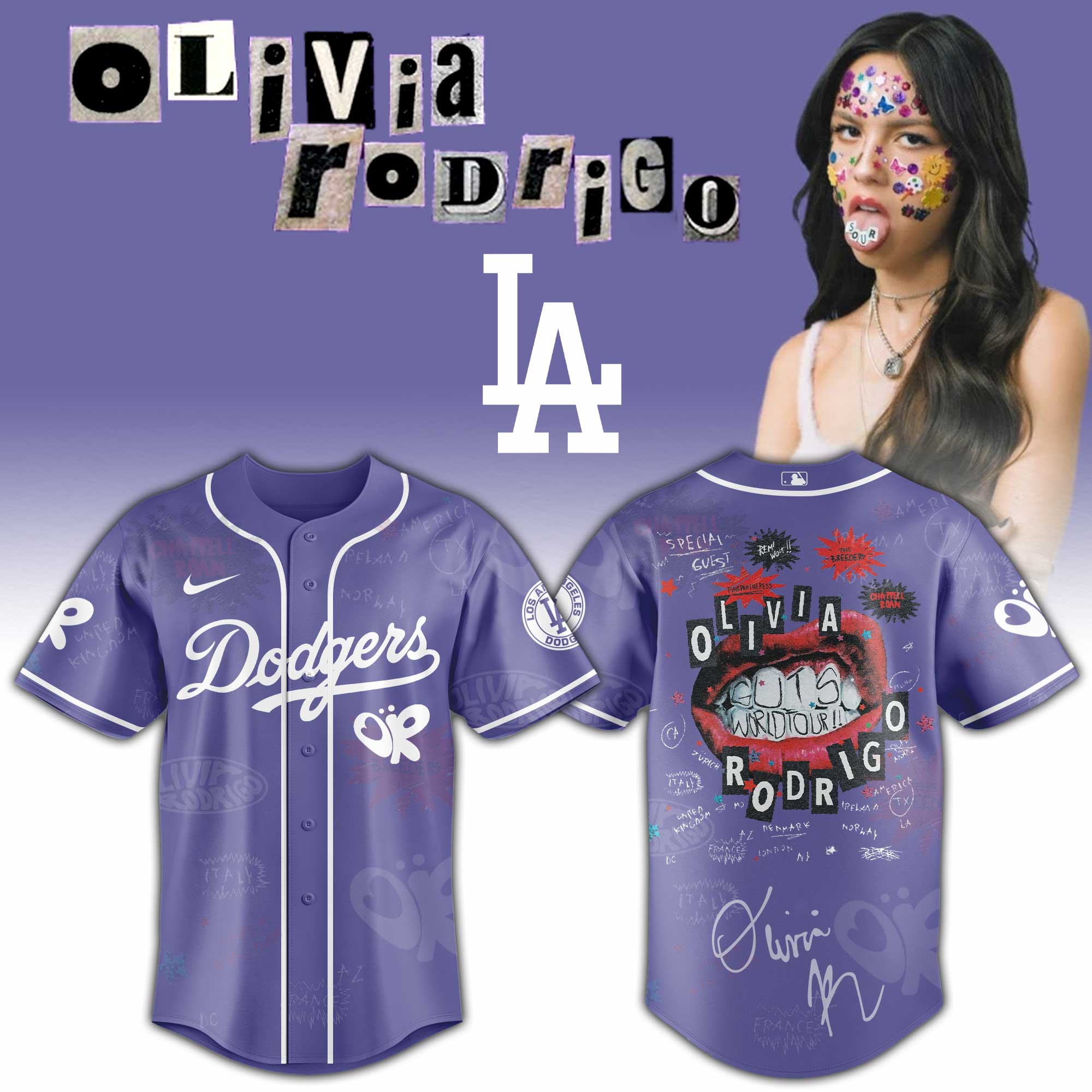 Los Angeles Dodgers x Olivia Rodrigo GUTS World Tour Baseball Jersey For Sport Teams Fans