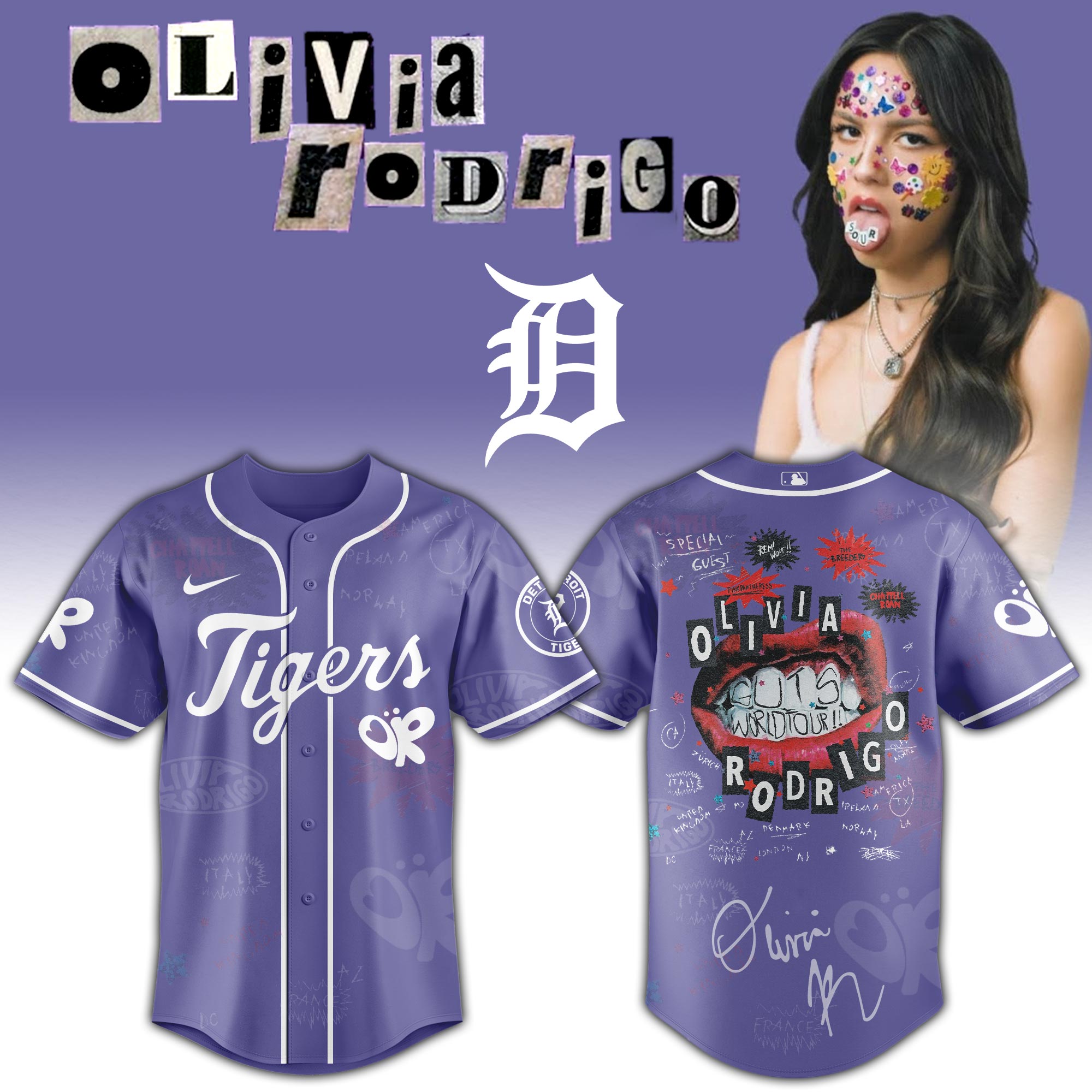 Detroit Tigers x Olivia Rodrigo GUTS World Tour Baseball Jersey For Sport Teams Fans