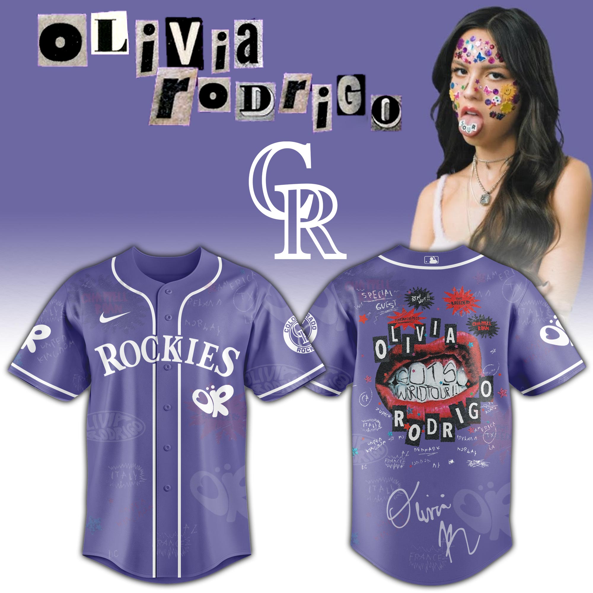 Colorado Rockies x Olivia Rodrigo GUTS World Tour Baseball Jersey For Sport Teams Fans
