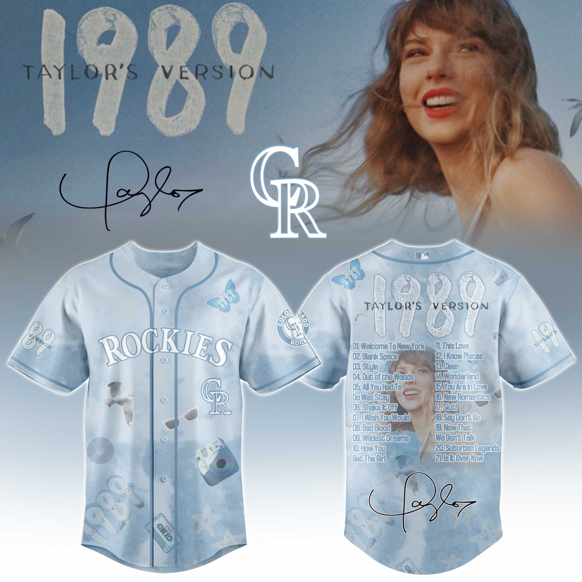 Colorado Rockies x Taylor Swift 1989 Sky Blue Baseball Jersey For Sport Teams Fans