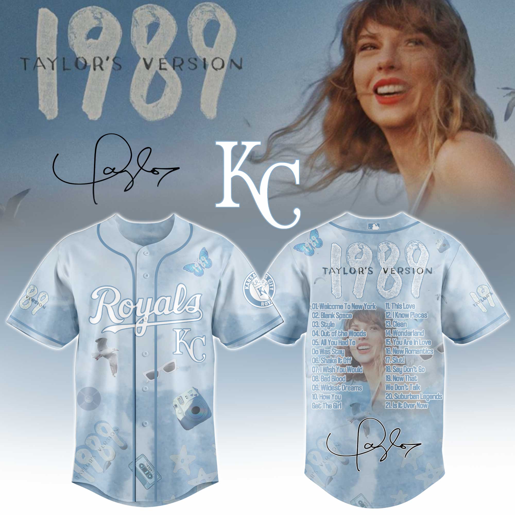 Kansas City Royals x Taylor Swift 1989 Sky Blue Baseball Jersey For Sport Teams Fans