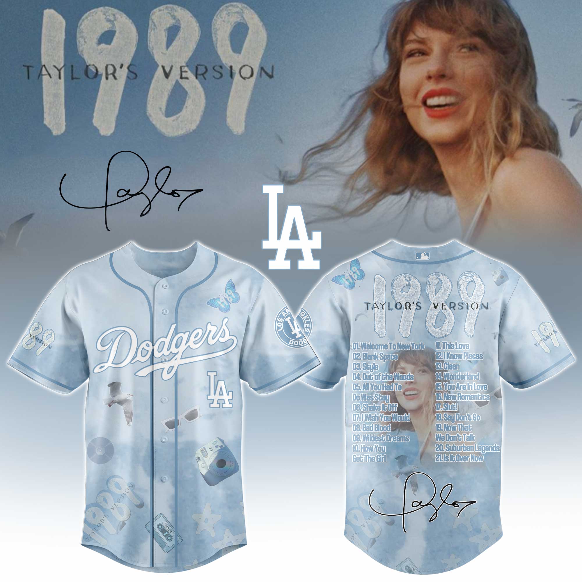 Los Angeles Dodgers x Taylor Swift 1989 Sky Blue Baseball Jersey For Sport Teams Fans
