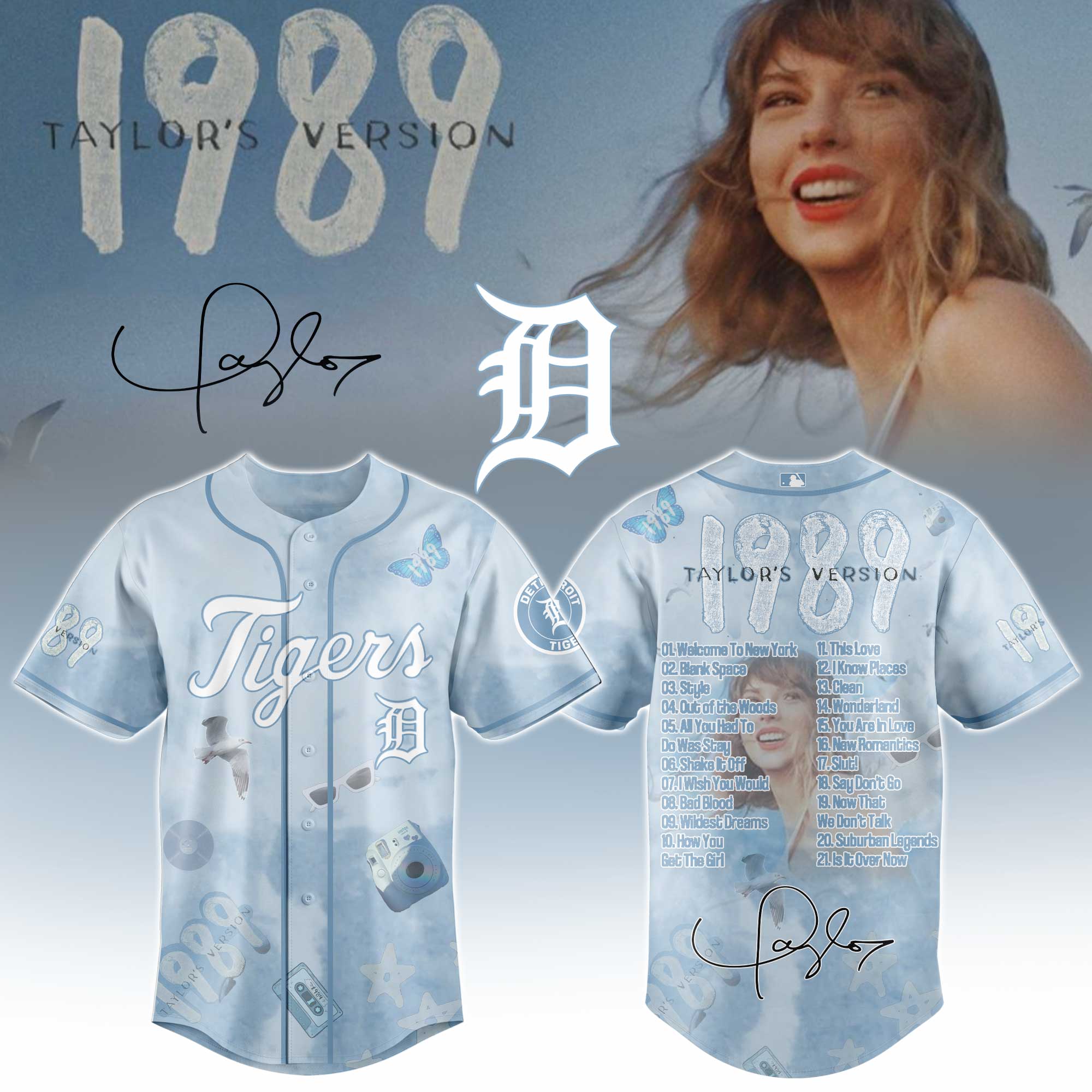 Detroit Tigers x Taylor Swift 1989 Sky Blue Baseball Jersey For Sport Teams Fans