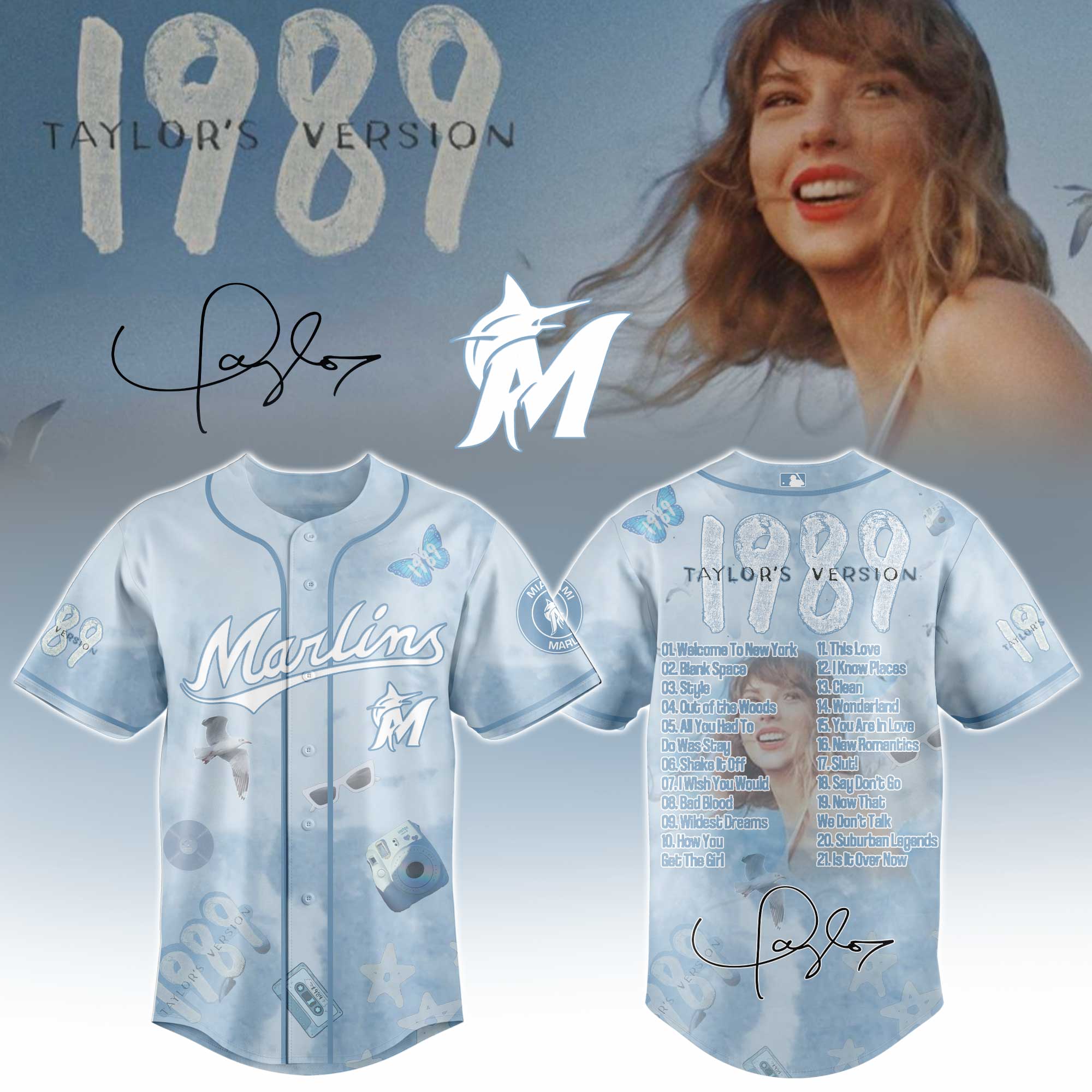 Miami Marlins x Taylor Swift 1989 Sky Blue Baseball Jersey For Sport Teams Fans