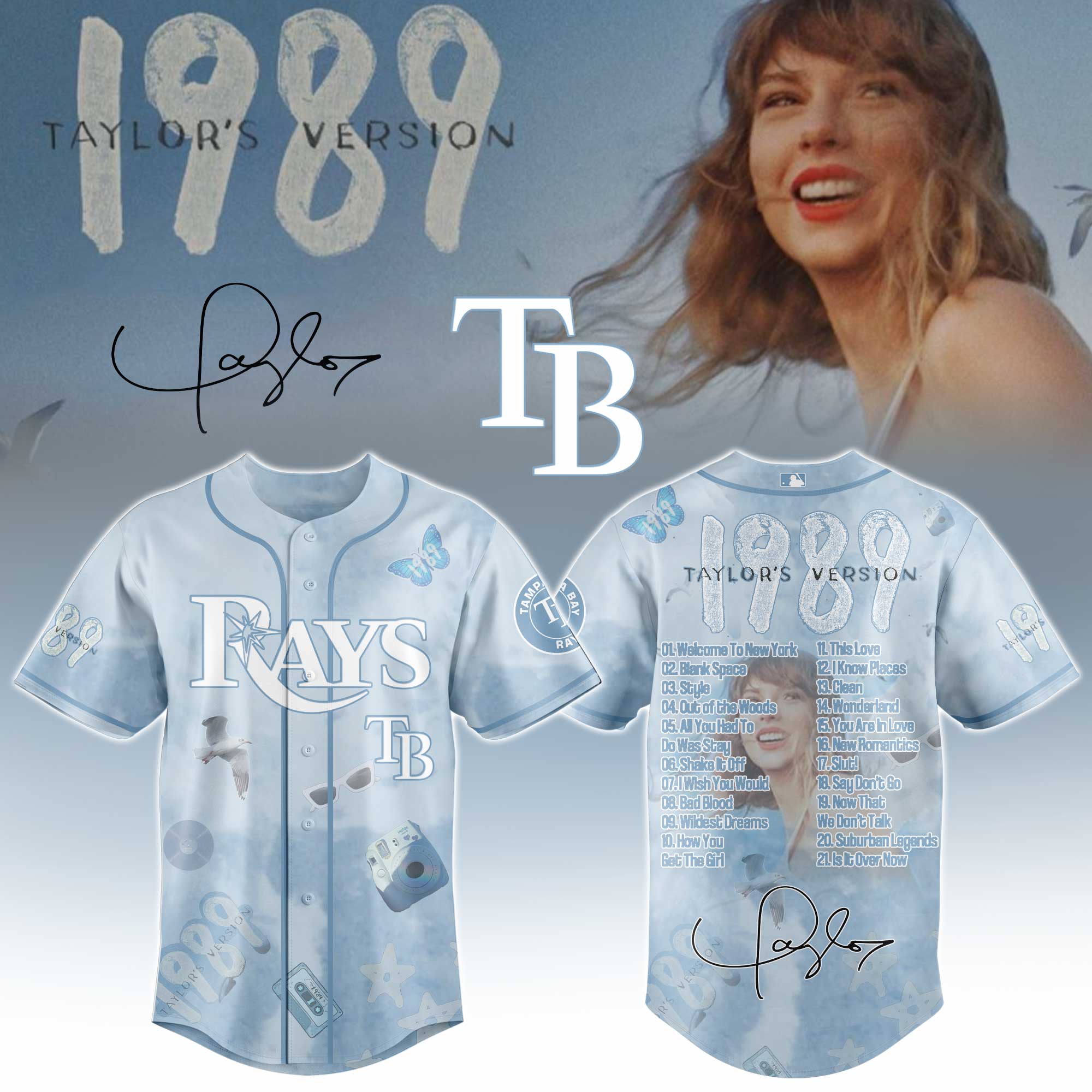Tampa Bay Rays x Taylor Swift 1989 Sky Blue Baseball Jersey For Sport Teams Fans