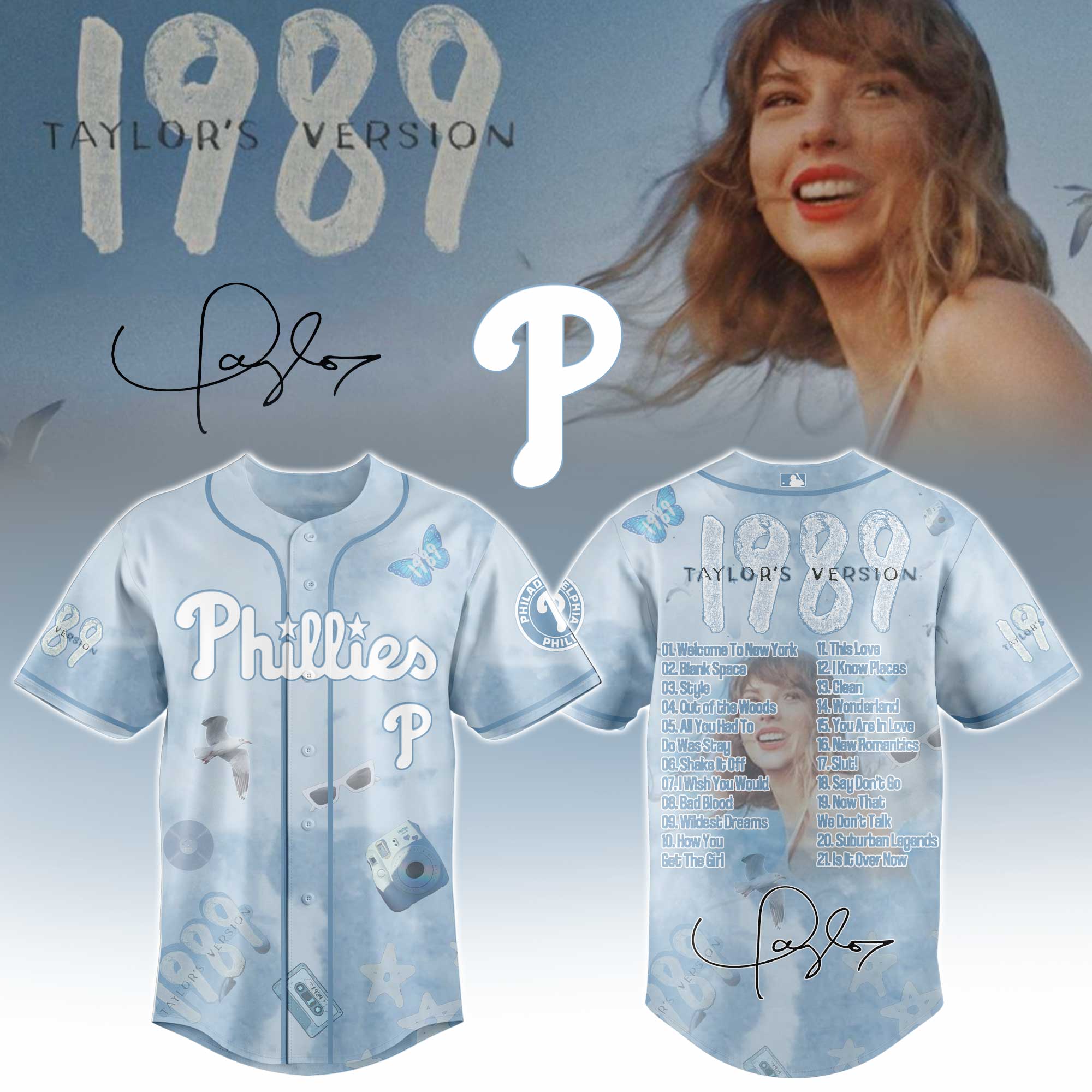 Philadelphia Phillies x Taylor Swift 1989 Sky Blue Baseball Jersey For Sport Teams Fans