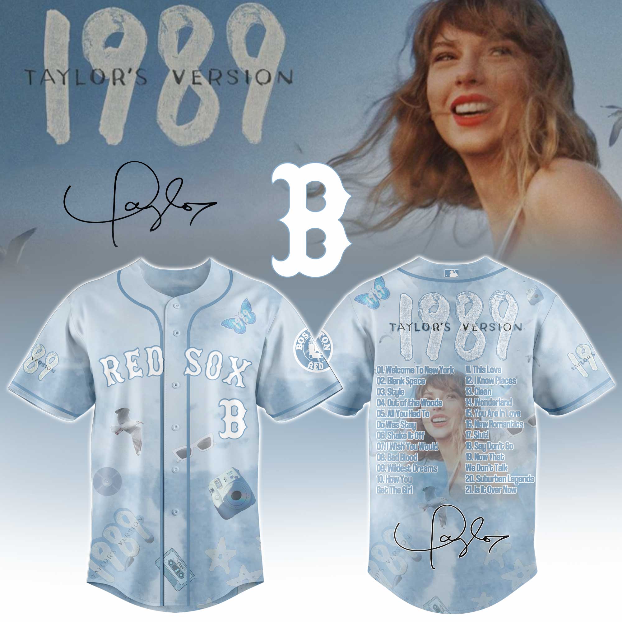 Boston Red Sox x Taylor Swift 1989 Sky Blue Baseball Jersey For Sport Teams Fans