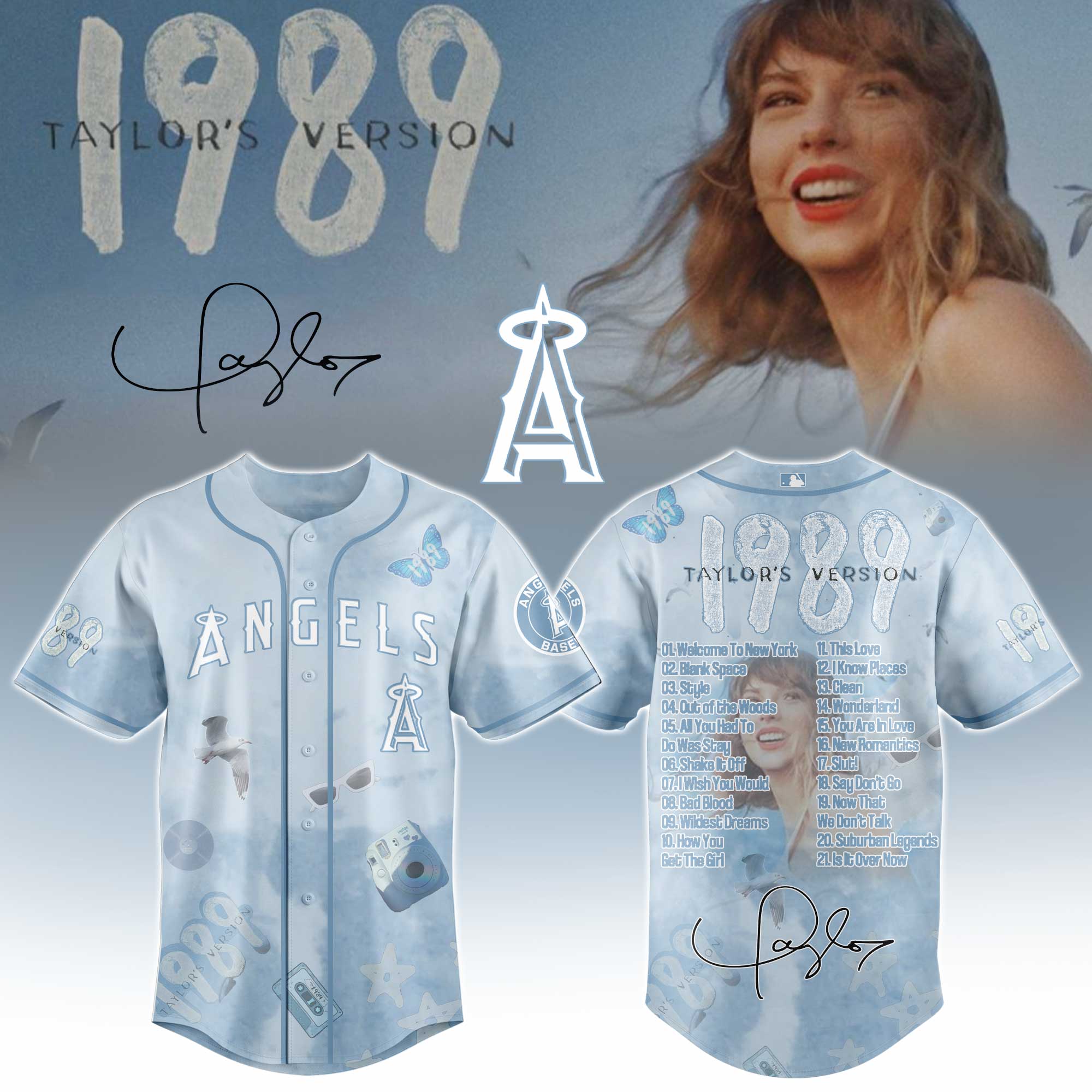 Los Angeles Angels x Taylor Swift 1989 Sky Blue Baseball Jersey For Sport Teams Fans