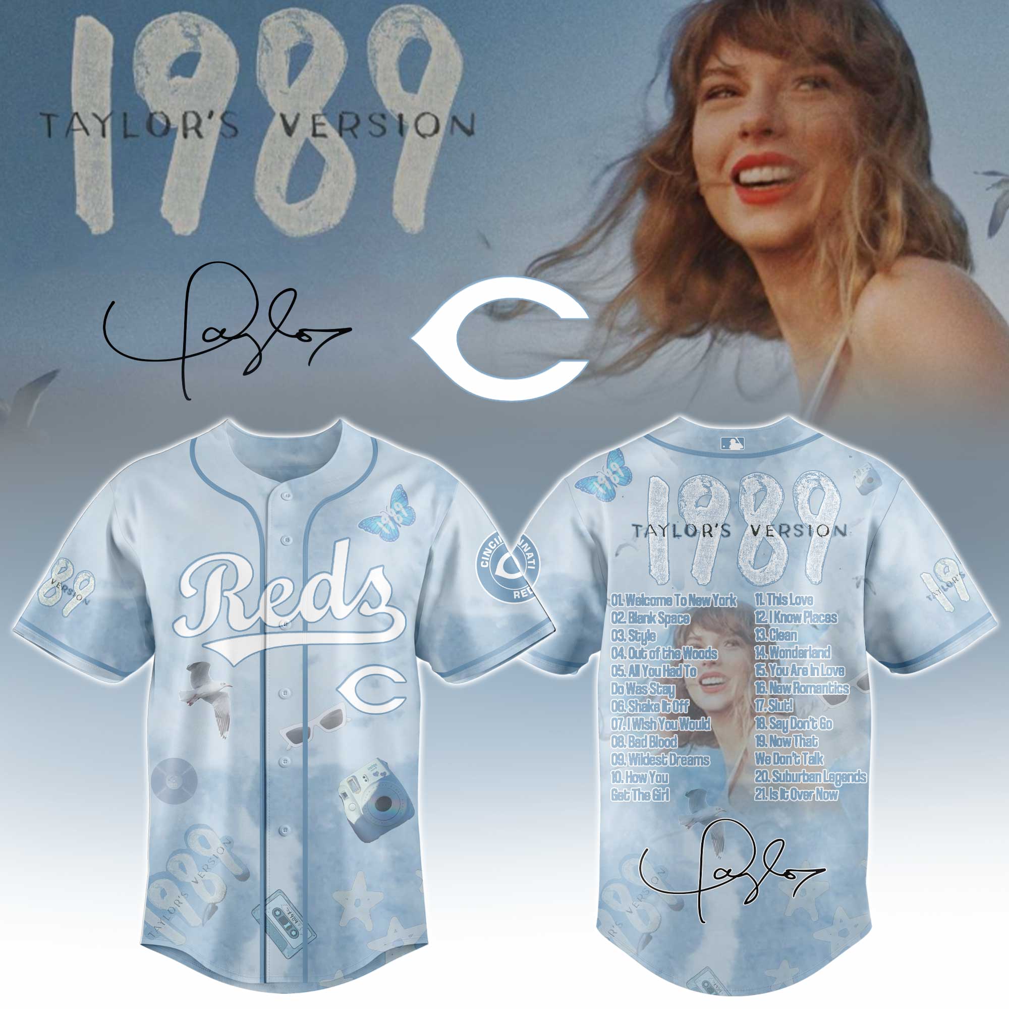 Cincinnati Reds x Taylor Swift 1989 Sky Blue Baseball Jersey For Sport Teams Fans