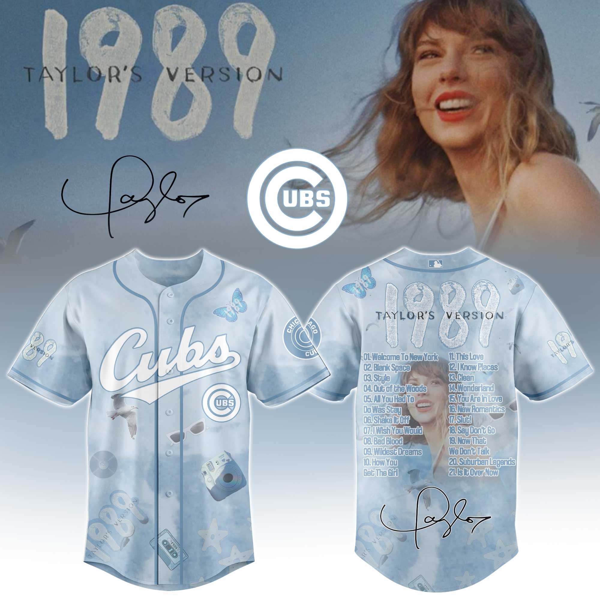Chicago Cubs x Taylor Swift 1989 Sky Blue Baseball Jersey For Sport Teams Fans