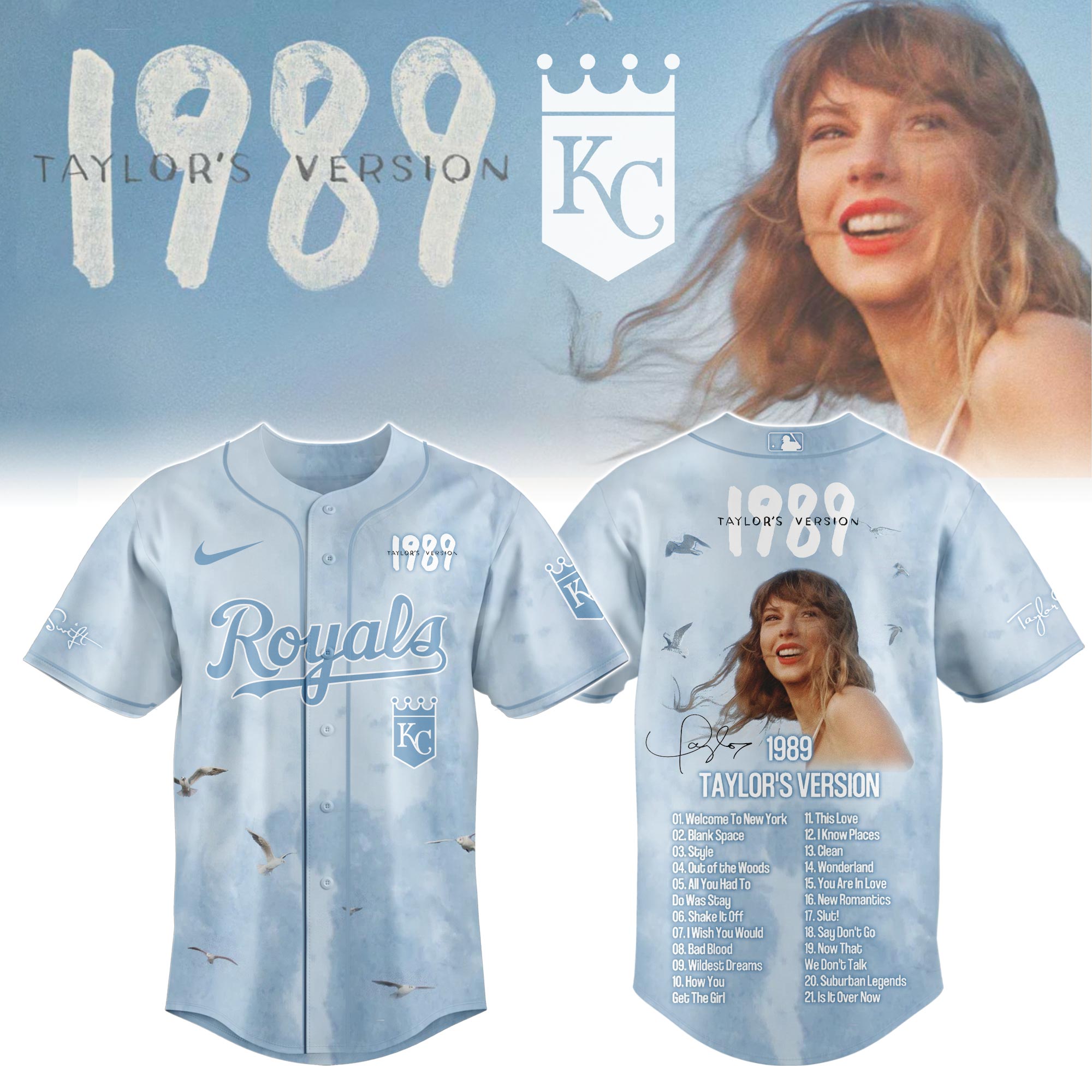 Kansas City Royals x Taylor Swift 1989 Blue Sky Baseball Jersey For Sport Teams Fans