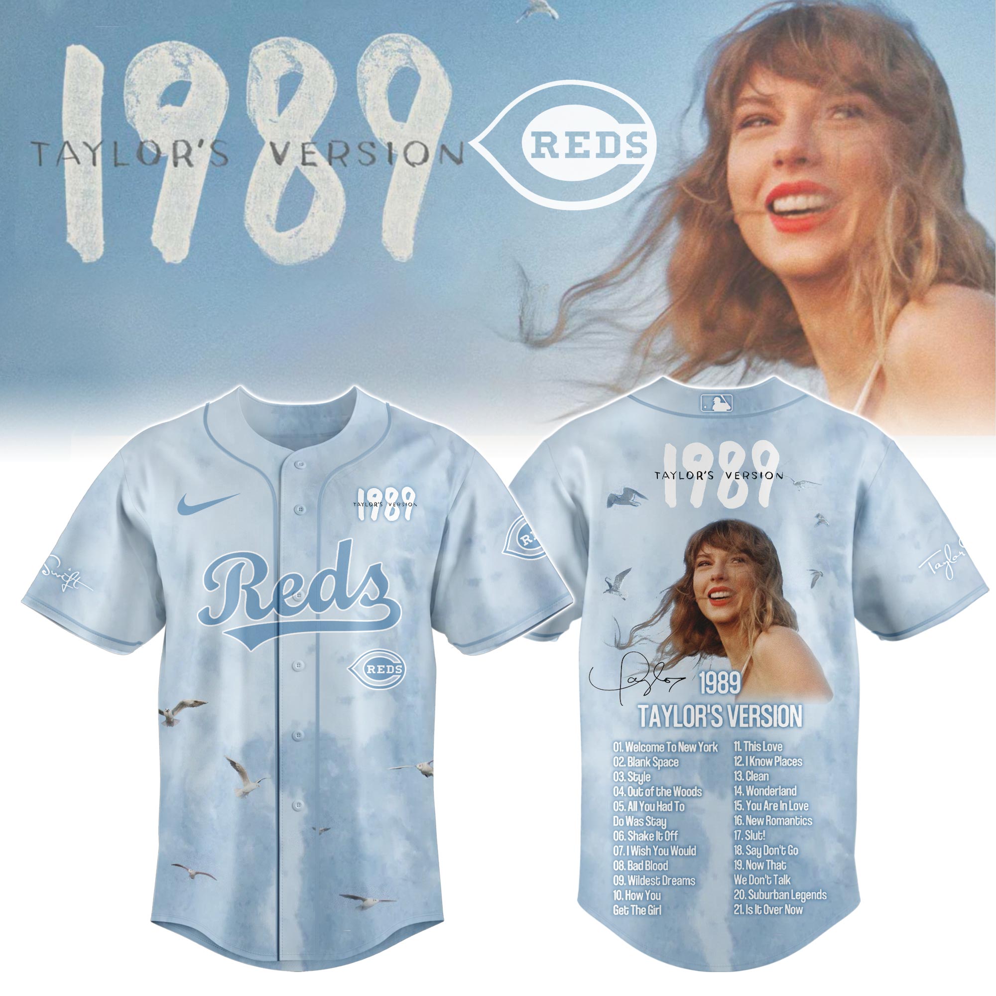 Cincinnati Reds x Taylor Swift 1989 Blue Sky Baseball Jersey For Sport Teams Fans